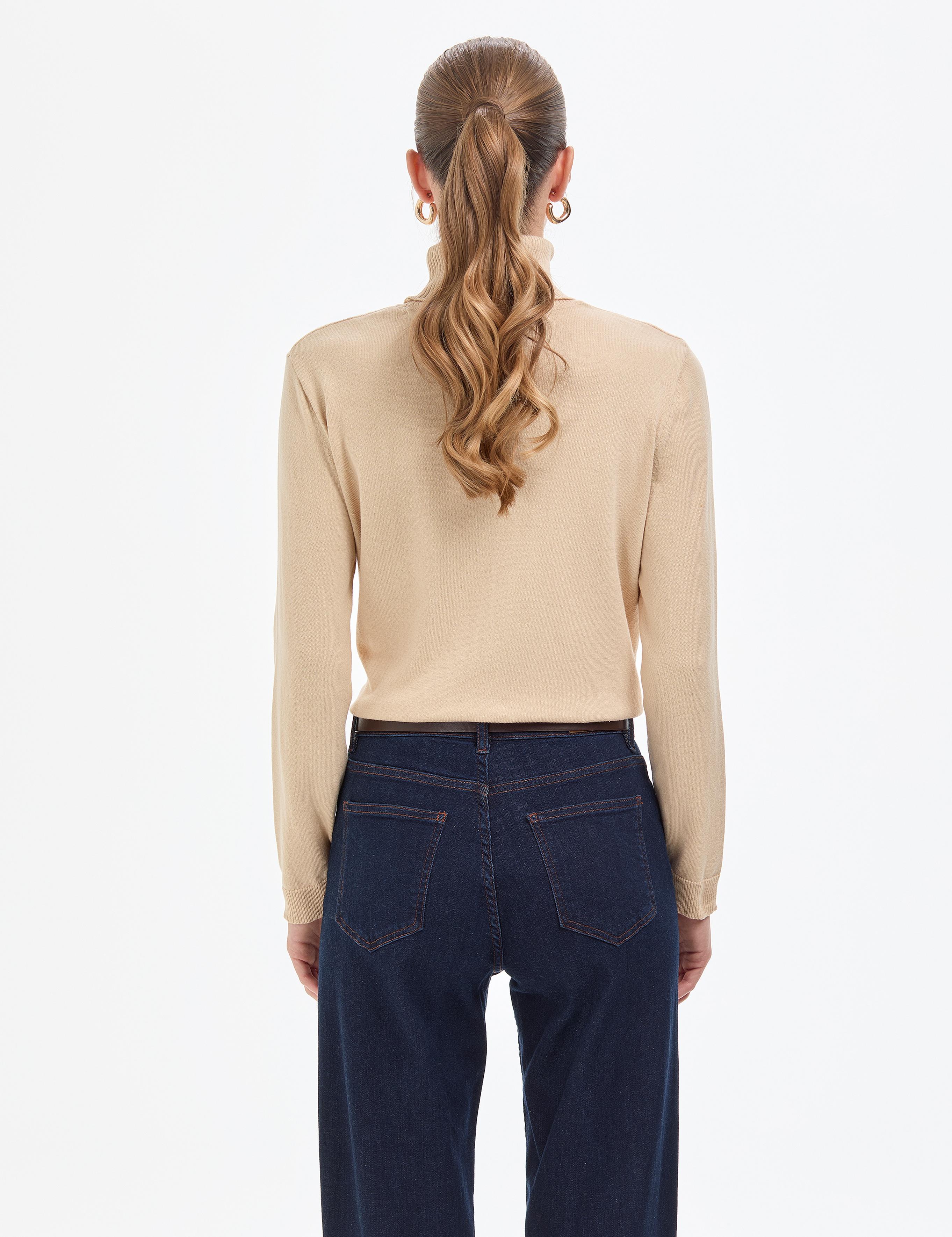 Bej Comfort Fit Tam Balıkçı Yaka Basic Kazak