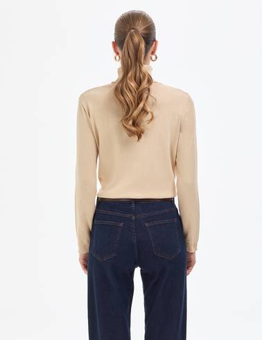Bej Comfort Fit Tam Balıkçı Yaka Basic Kazak