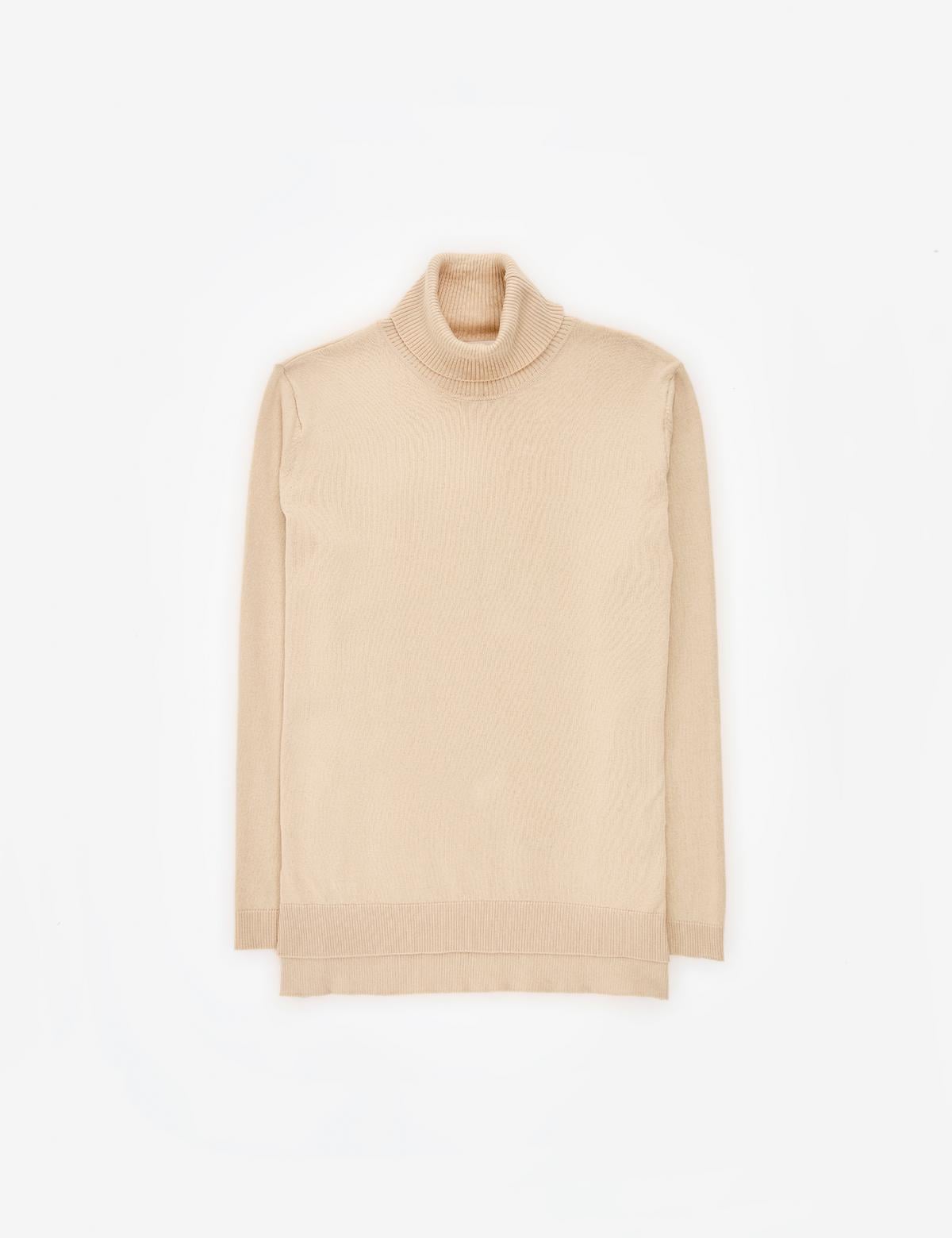 Bej Comfort Fit Tam Balıkçı Yaka Basic Kazak - 50316385004