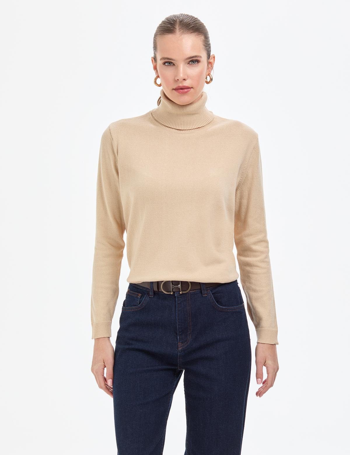 Bej Comfort Fit Tam Balıkçı Yaka Basic Kazak