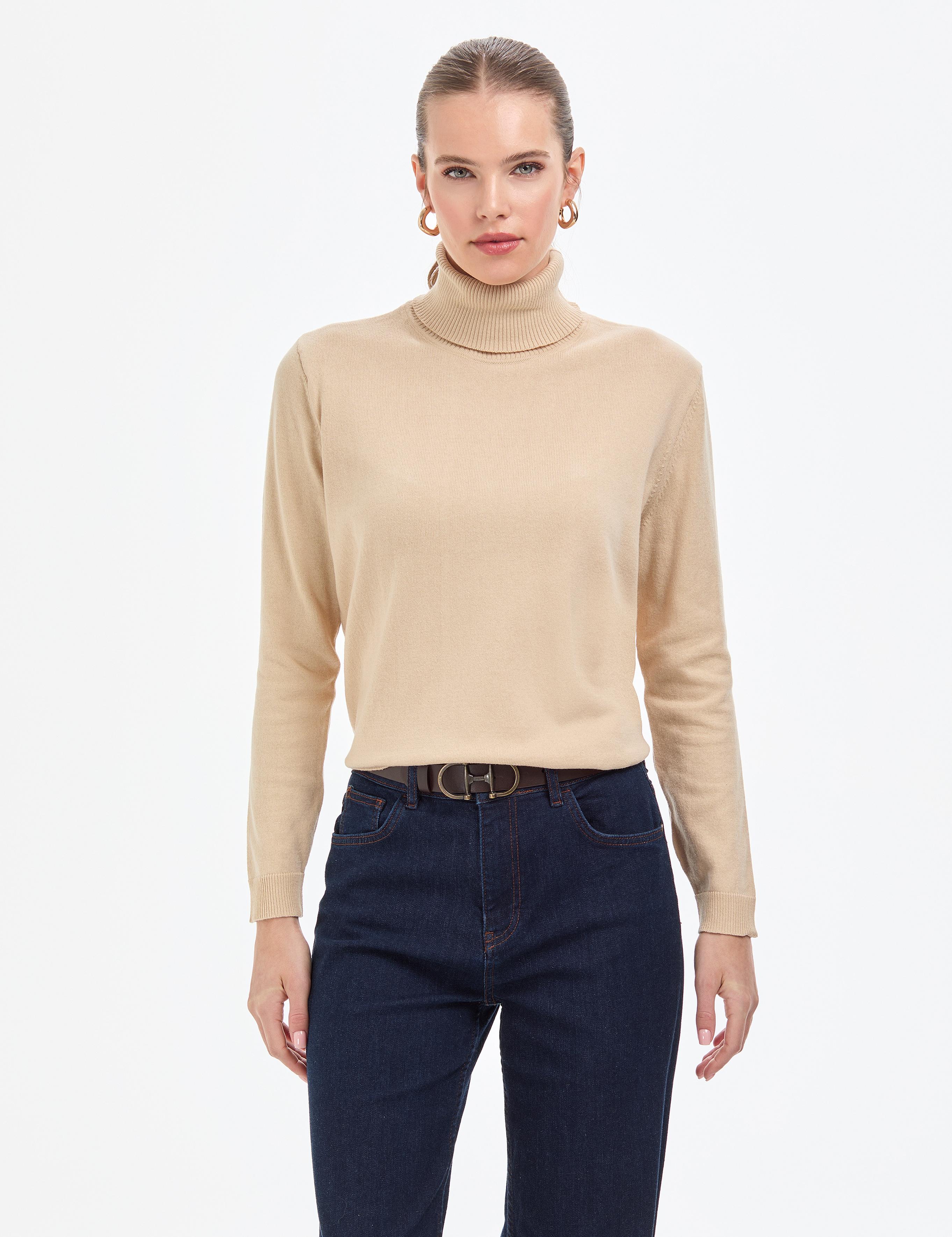 Bej Comfort Fit Tam Balıkçı Yaka Basic Kazak