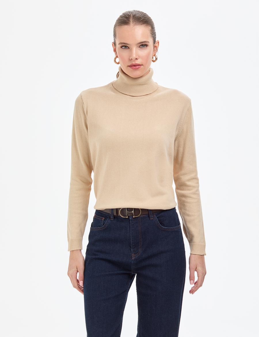 Bej Comfort Fit Tam Balıkçı Yaka Basic Kazak