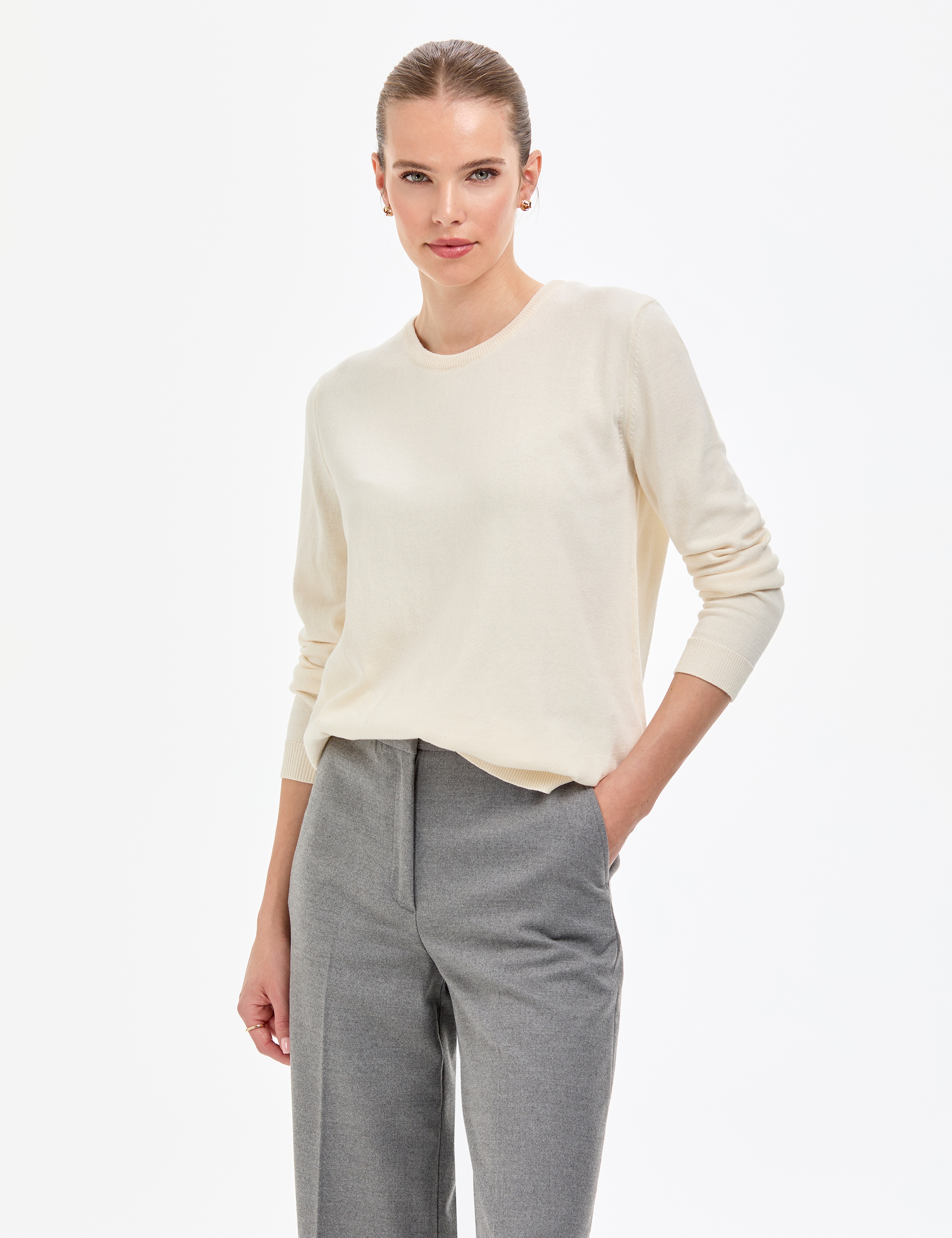 Ekru Comfort Fit Bisiklet Yaka Basic Kazak - Image 3