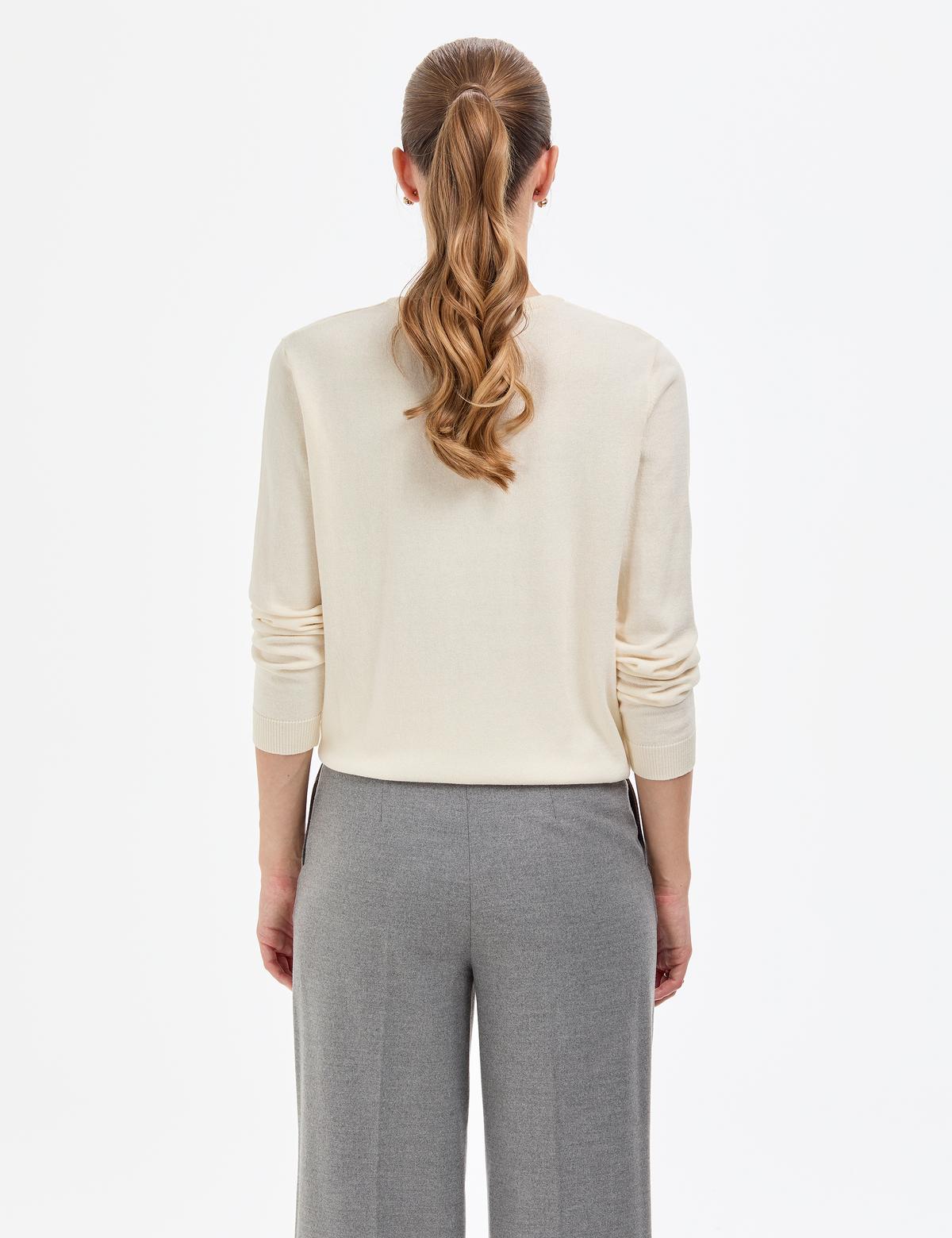 Ekru Comfort Fit Bisiklet Yaka Basic Kazak - 50316393005