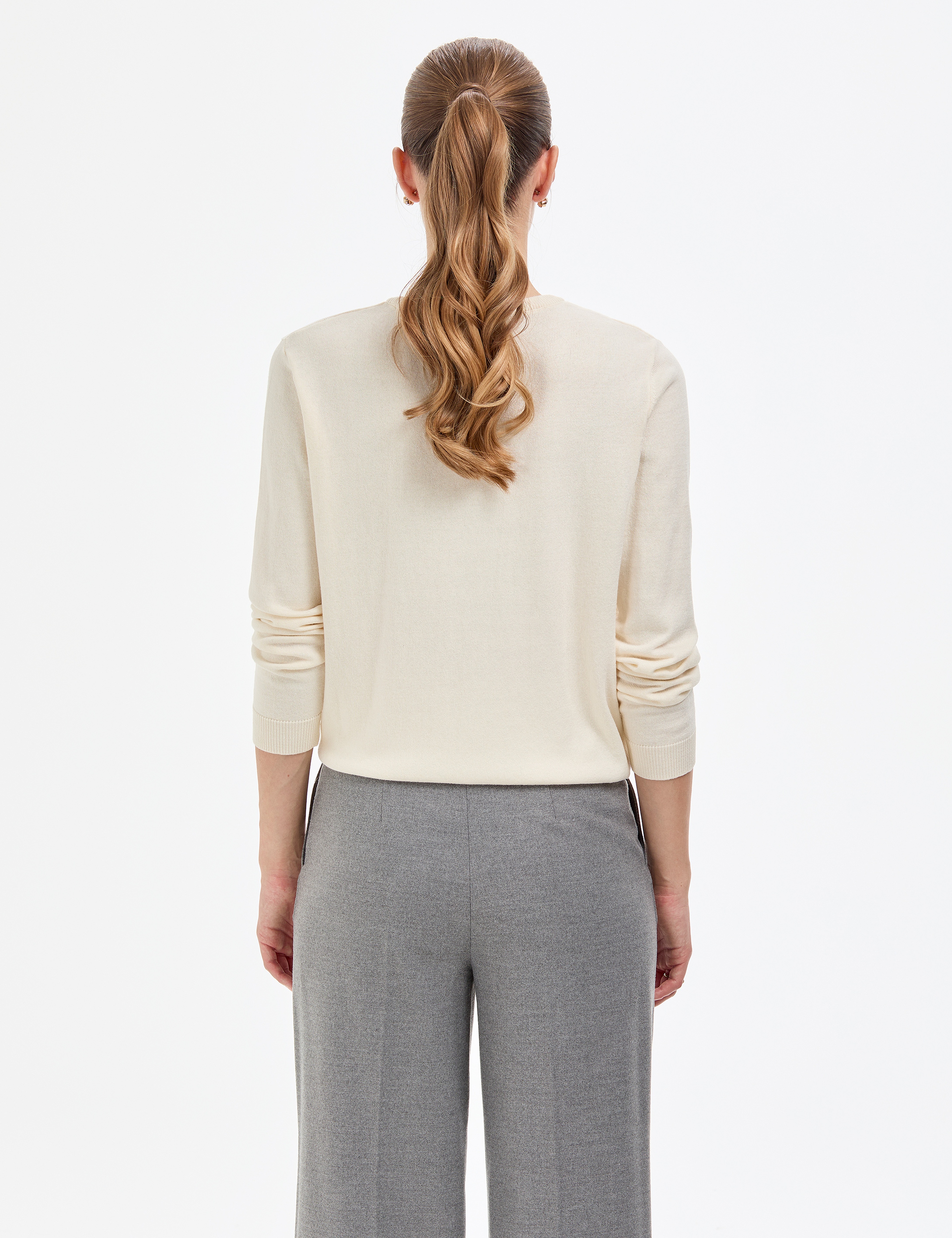 Ekru Comfort Fit Bisiklet Yaka Basic Kazak - Image 5