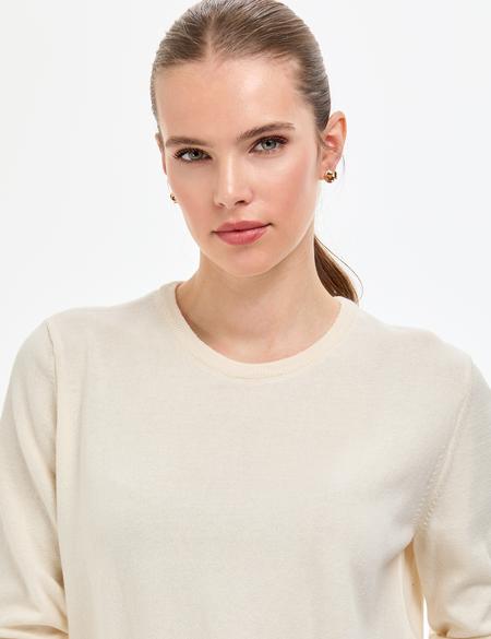 Ekru Comfort Fit Bisiklet Yaka Basic Kazak - 50316393005