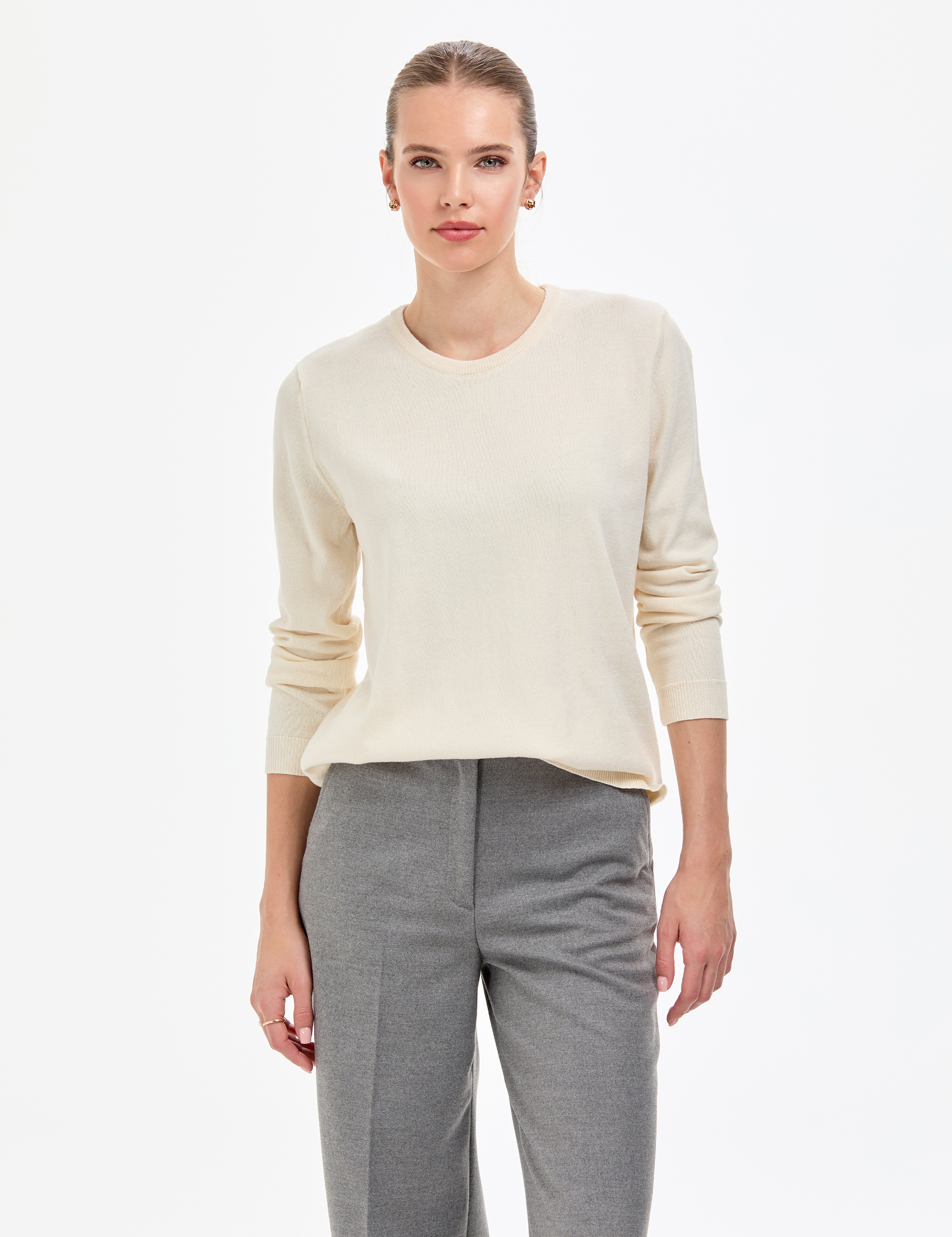 Ekru Comfort Fit Bisiklet Yaka Basic Kazak - Image 1