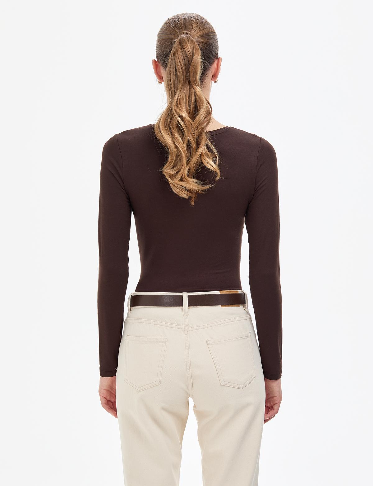 Kahverengi Slim Fit Örme Bluz - 50317061032