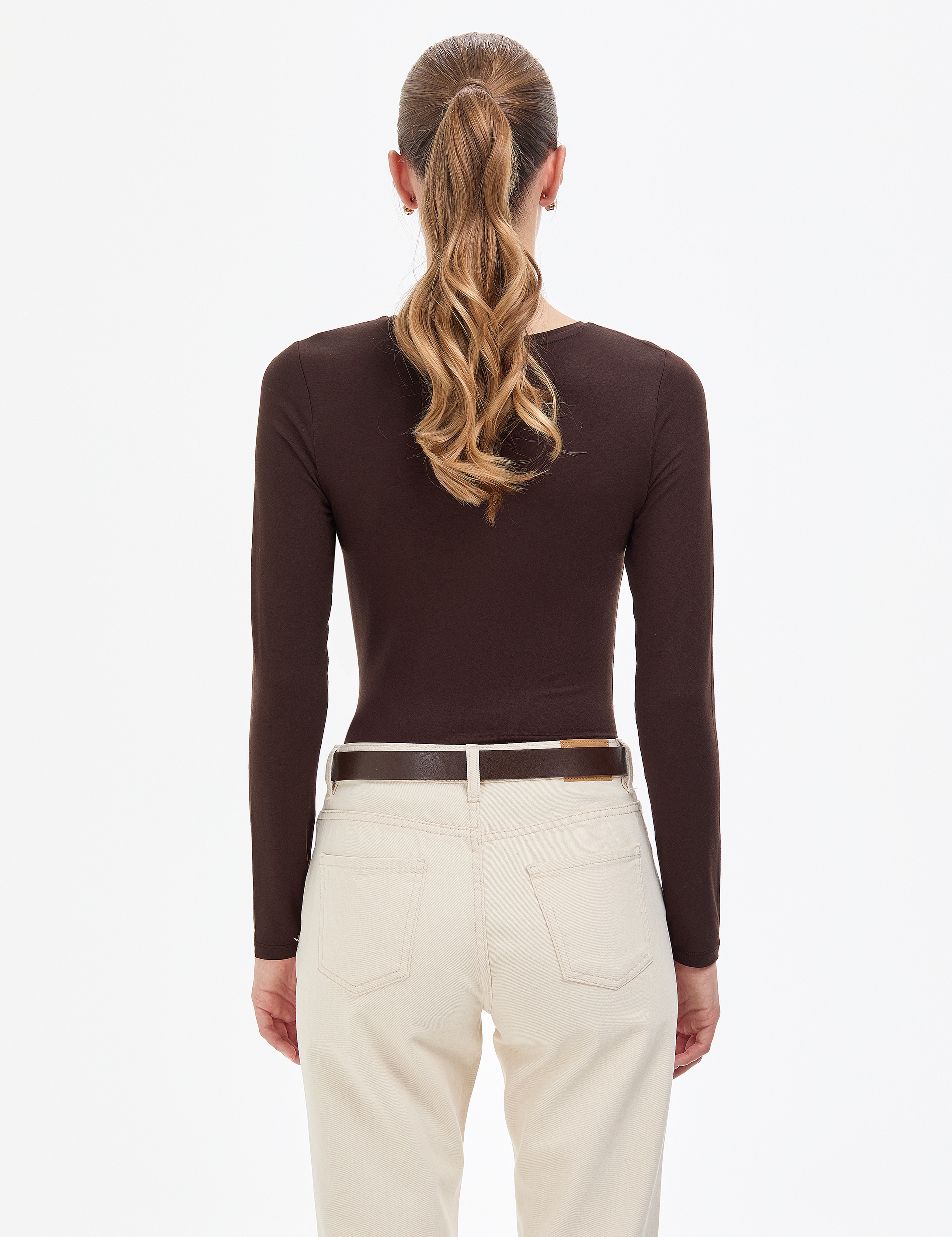 Kahverengi Slim Fit Örme Bluz - Image 5
