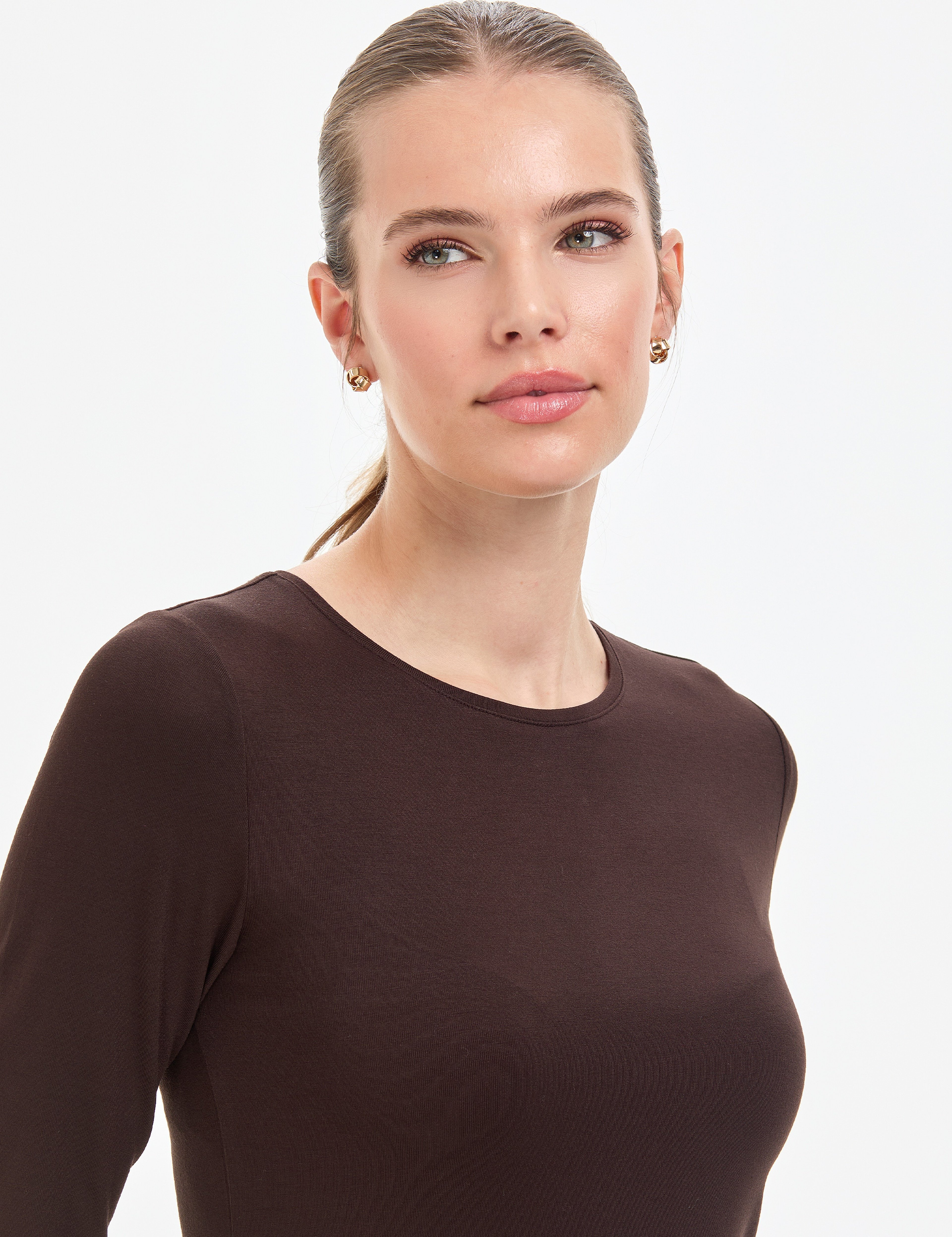 Kahverengi Slim Fit Örme Bluz - Image 2