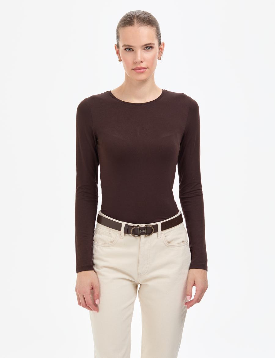 Kahverengi Slim Fit Örme Bluz