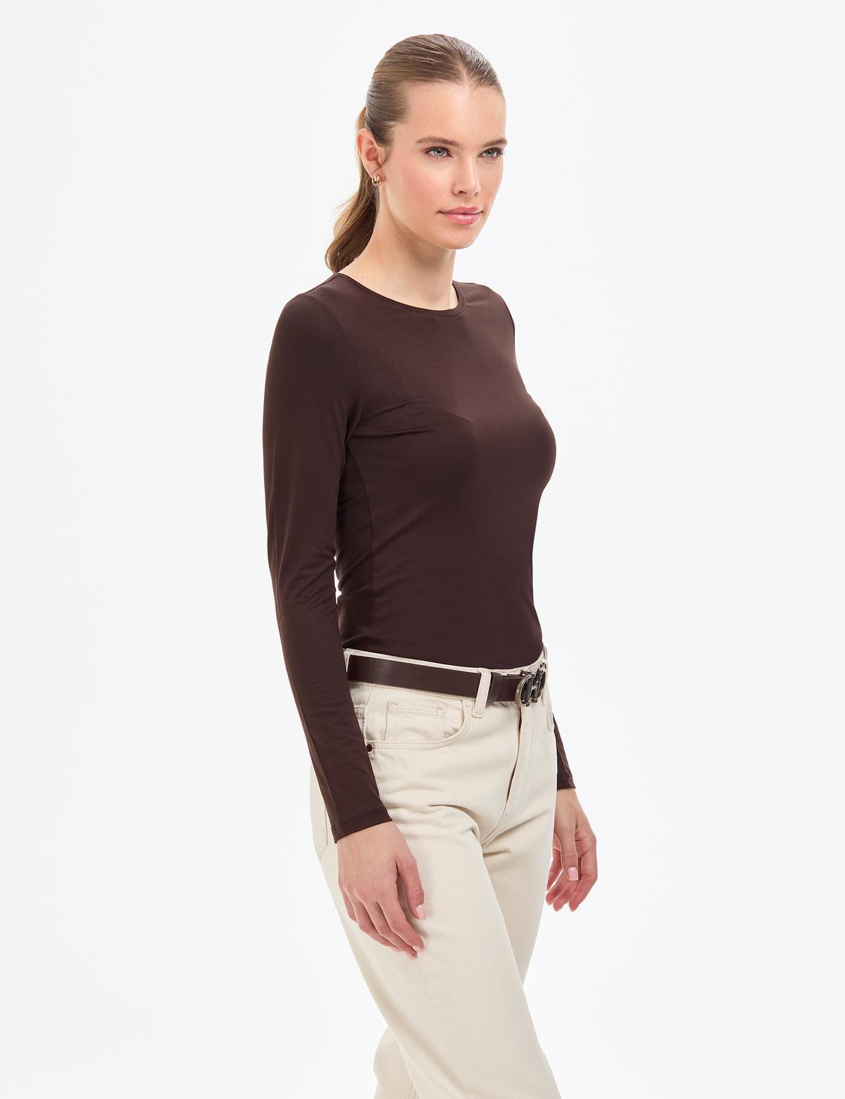 Kahverengi Slim Fit Örme Bluz - 50317061032