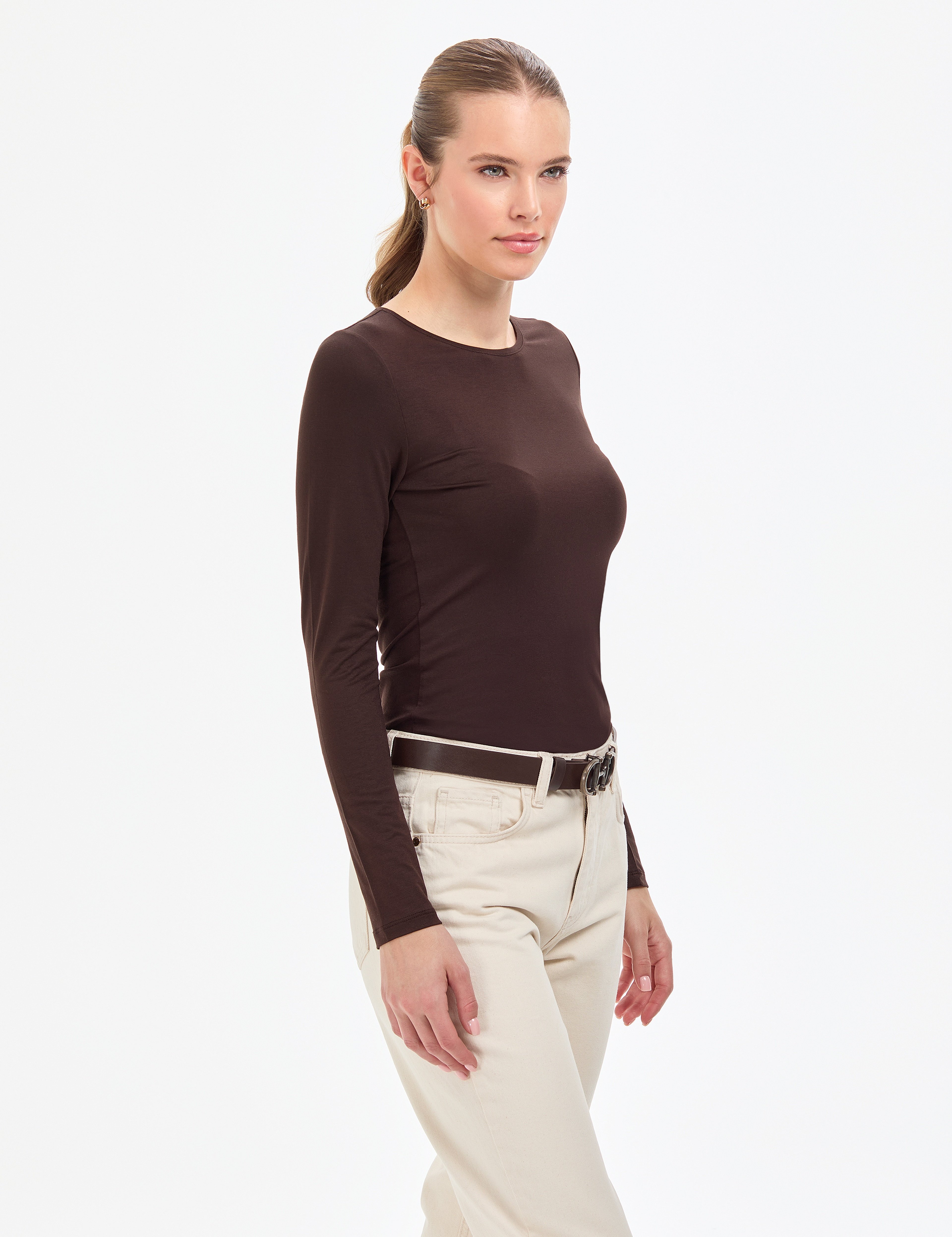 Kahverengi Slim Fit Örme Bluz - Image 3