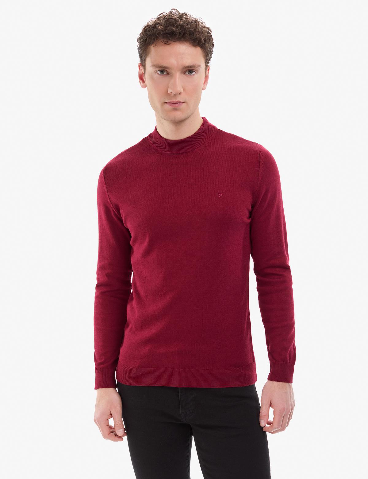 Vişne Slim Fit Çeyrek Yaka Basic Triko Kazak - 50314188114