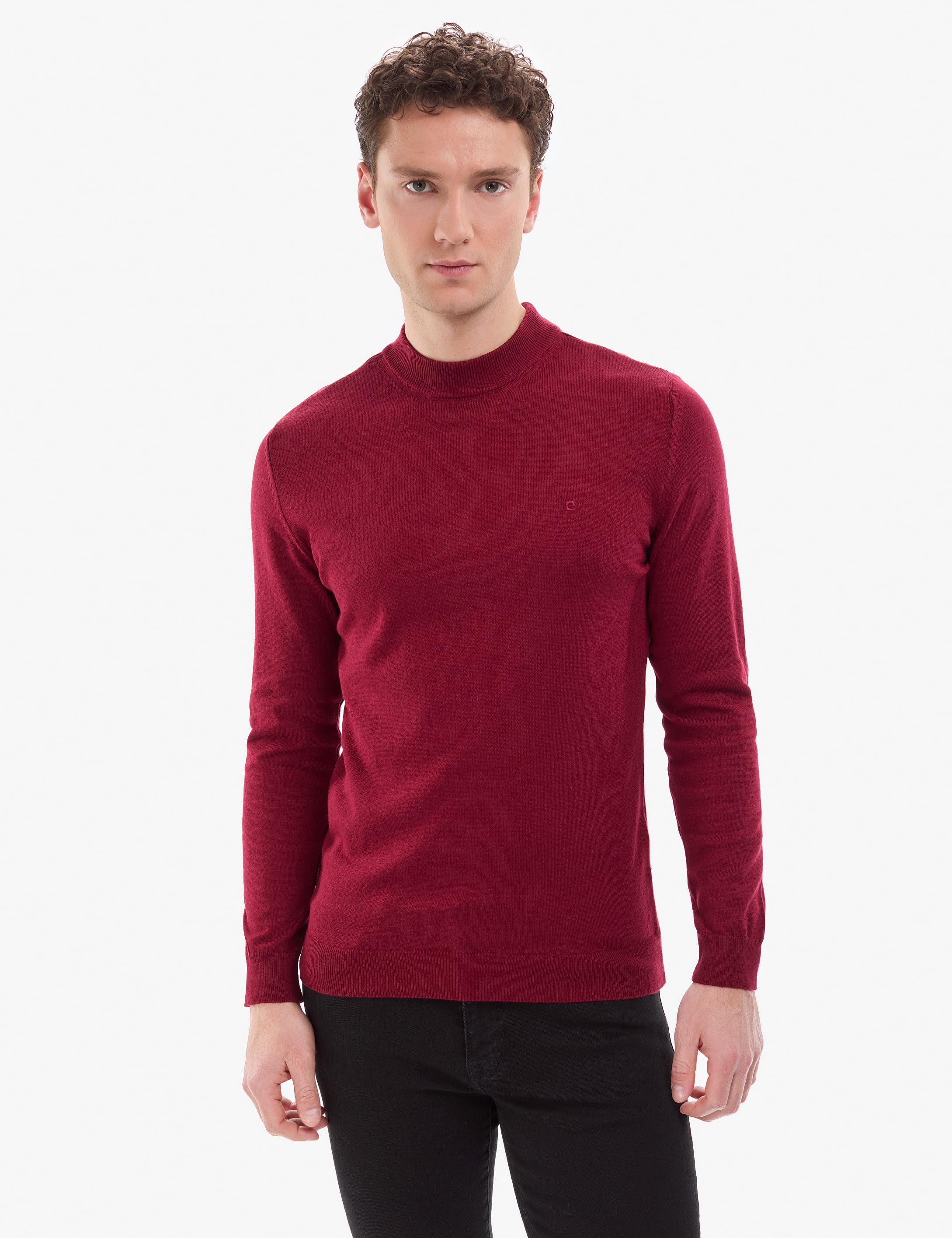 Vişne Slim Fit Çeyrek Yaka Basic Triko Kazak