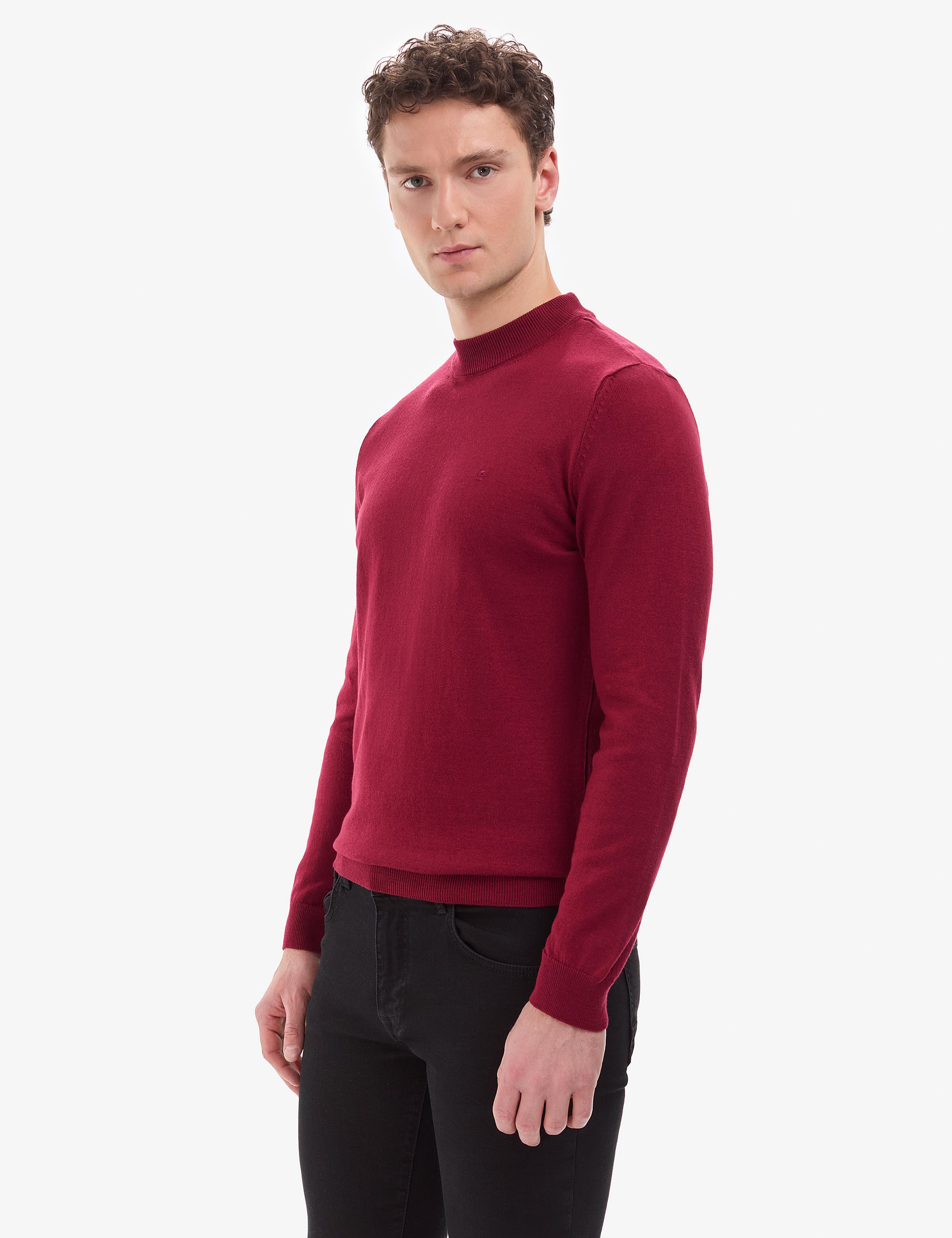 Vişne Slim Fit Çeyrek Yaka Basic Triko Kazak