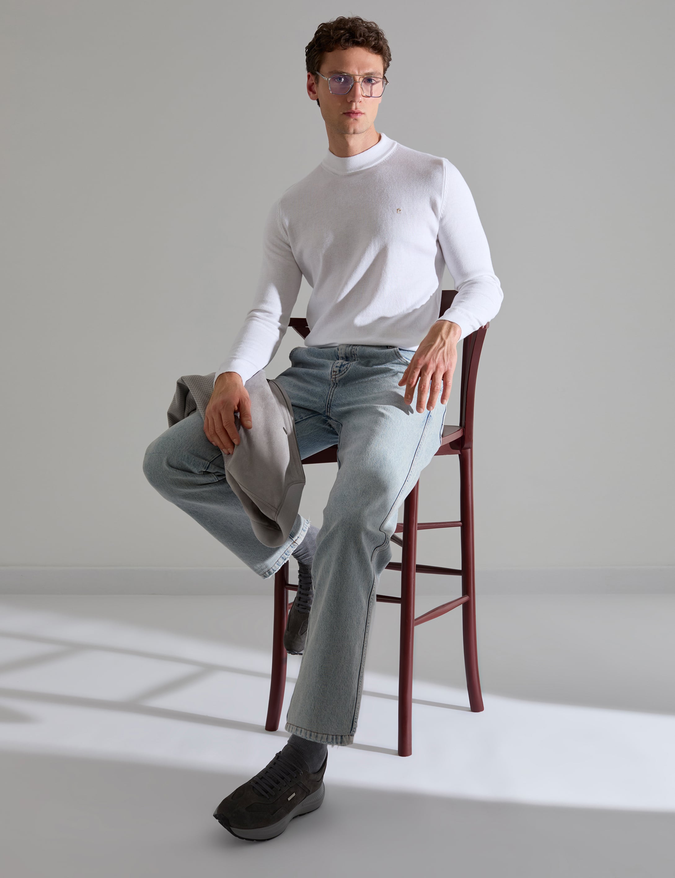 Ekru Slim Fit Çeyrek Yaka Basic Triko Kazak