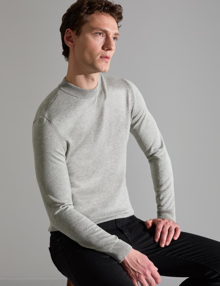 Açık Gri Melanj  Slim Fit Çeyrek Yaka Basic Triko Kazak