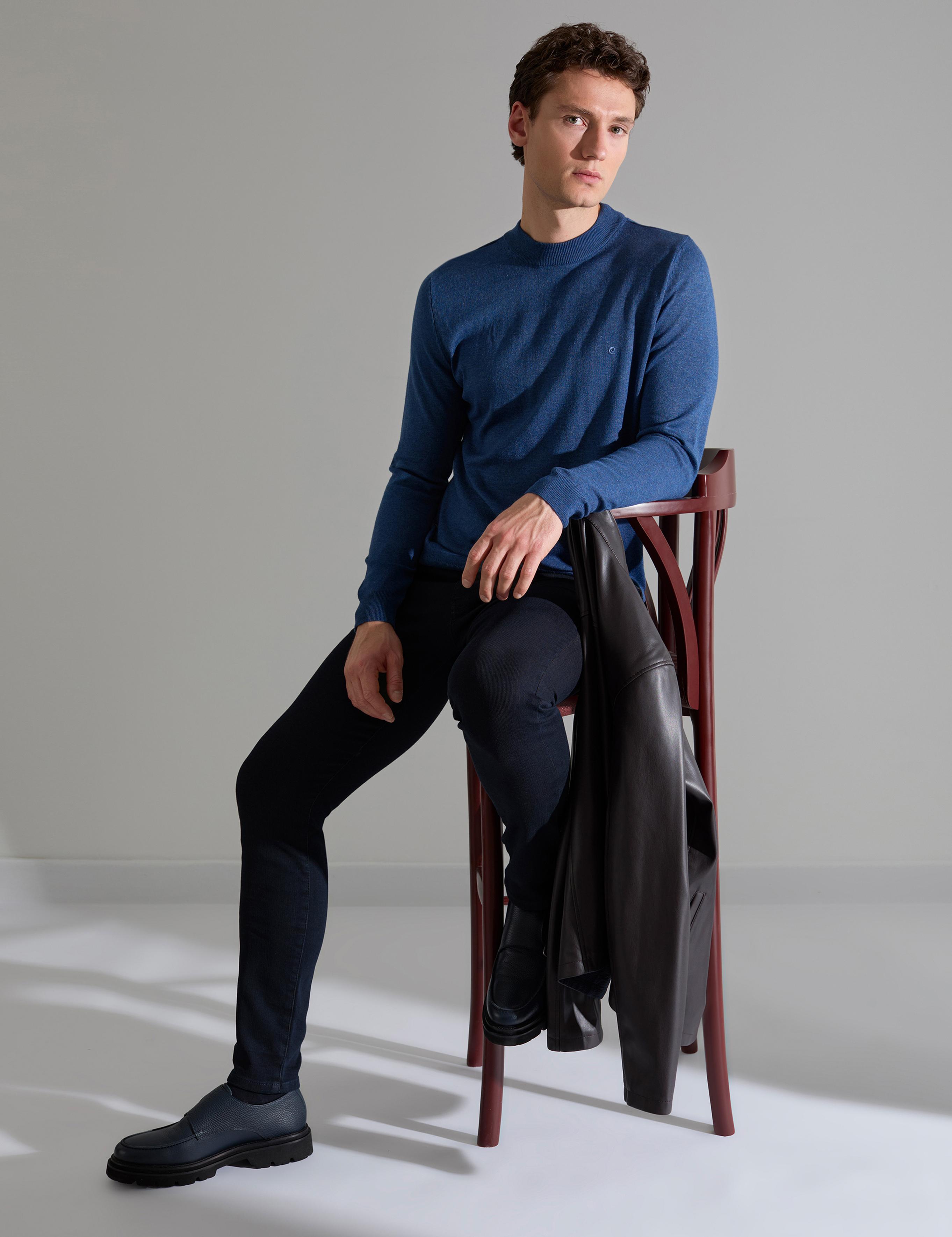 İndigo Melanj Slim Fit Çeyrek Yaka Basic Triko Kazak