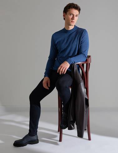 İndigo Melanj Slim Fit Çeyrek Yaka Basic Triko Kazak