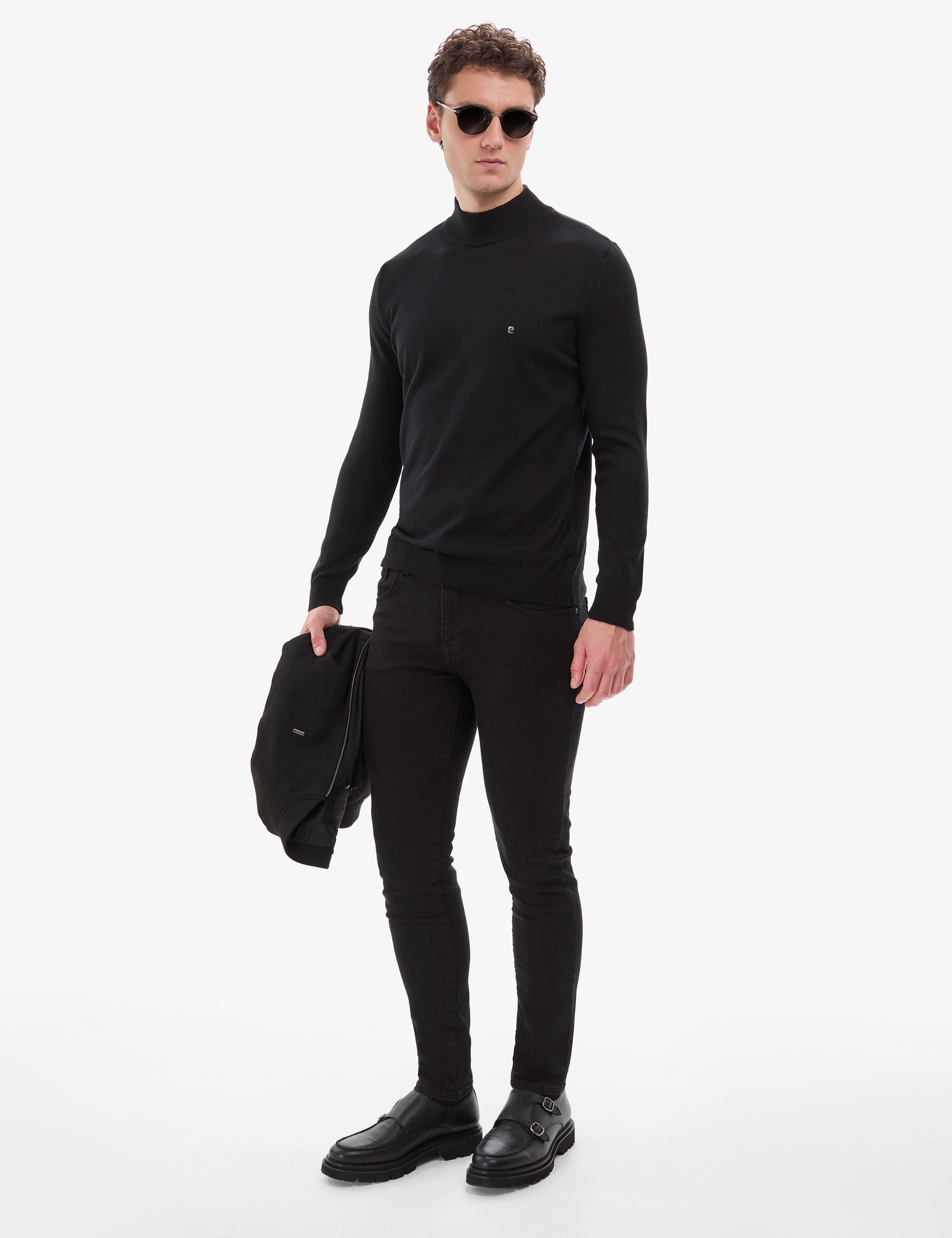 Siyah Slim Fit Yarım Balıkçı Yaka Basic Triko Kazak