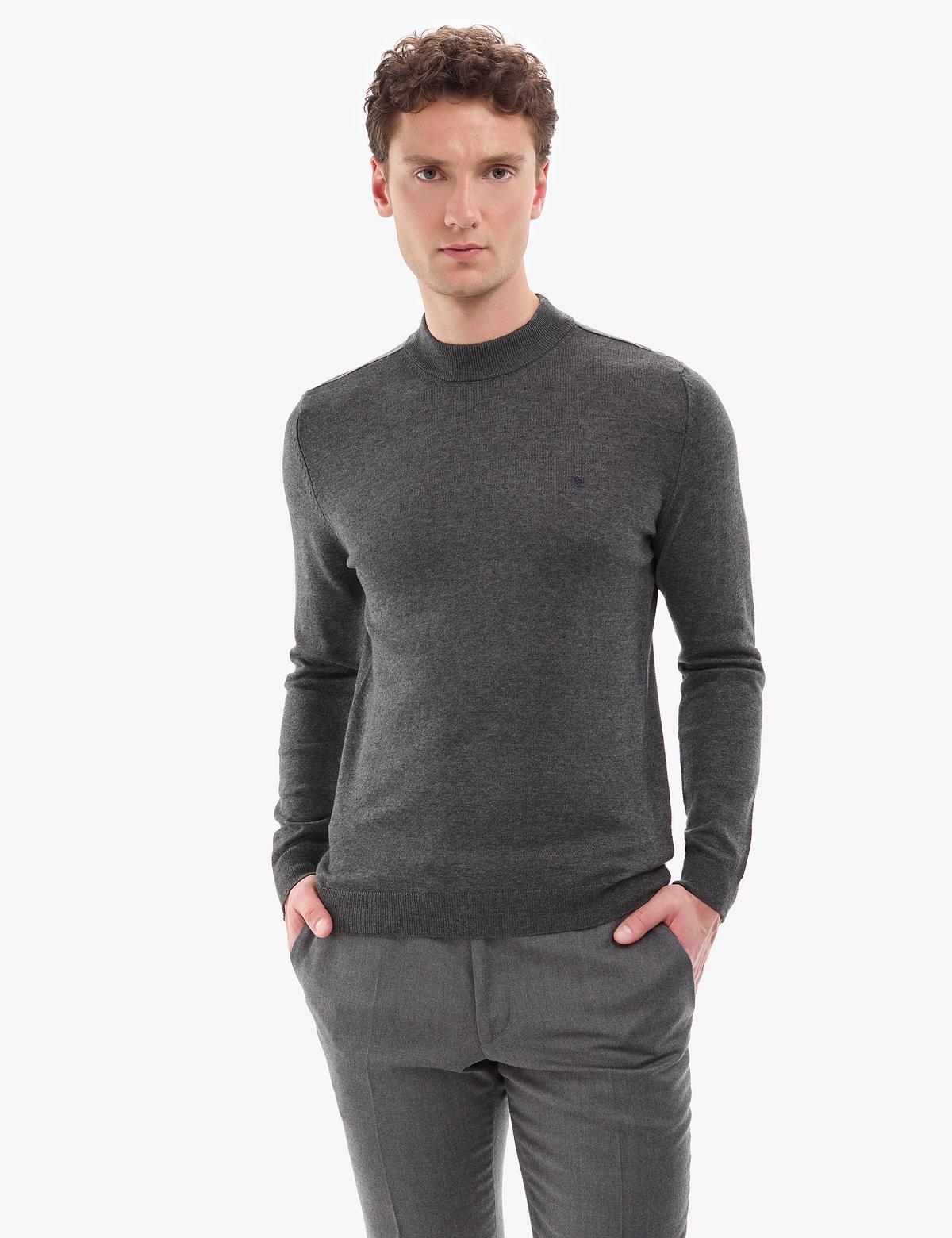 Antrasit Melanj  Slim Fit Çeyrek Yaka Basic Triko Kazak - 50314188006