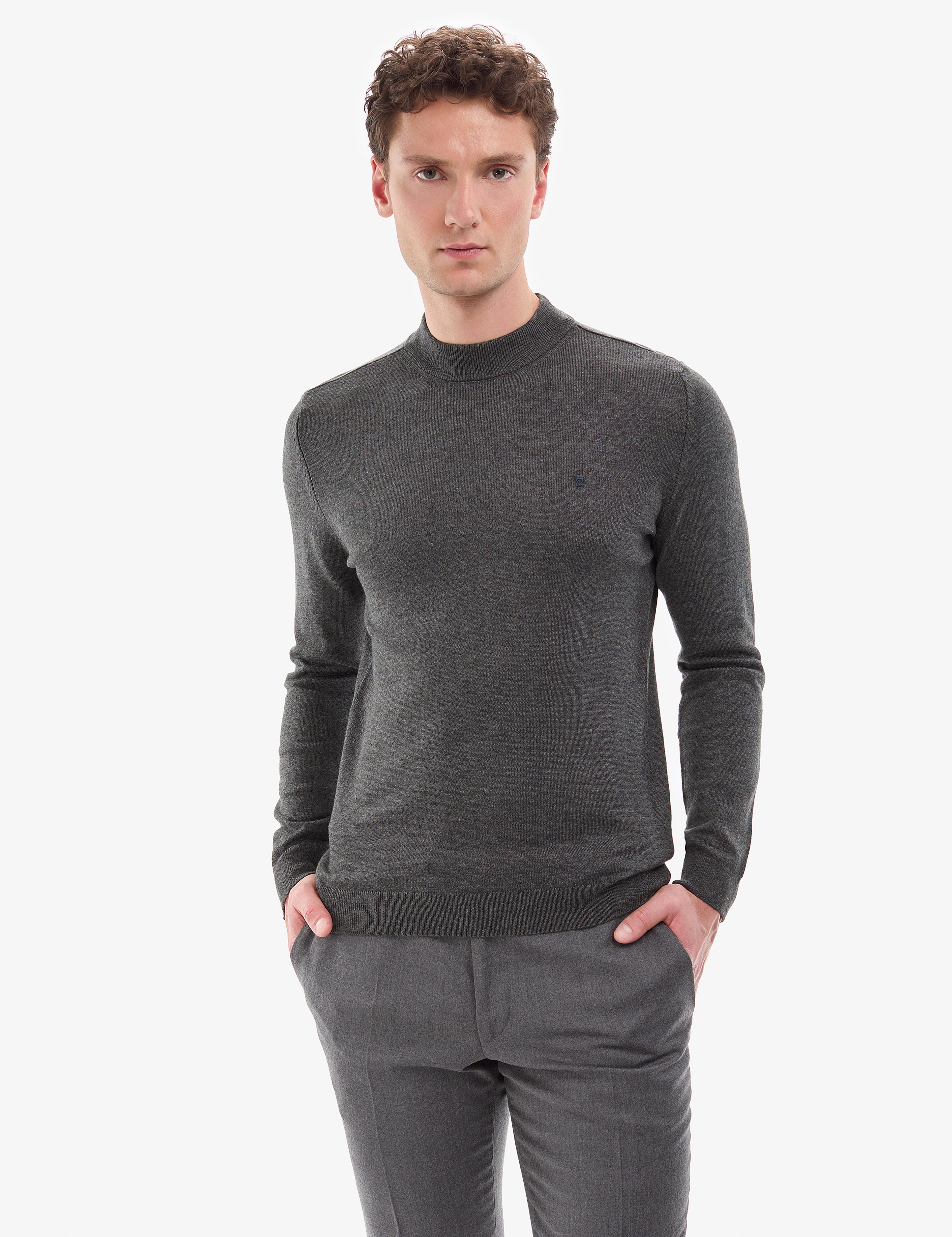 Antrasit Melanj Slim Fit Çeyrek Yaka Basic Triko Kazak - Image 2