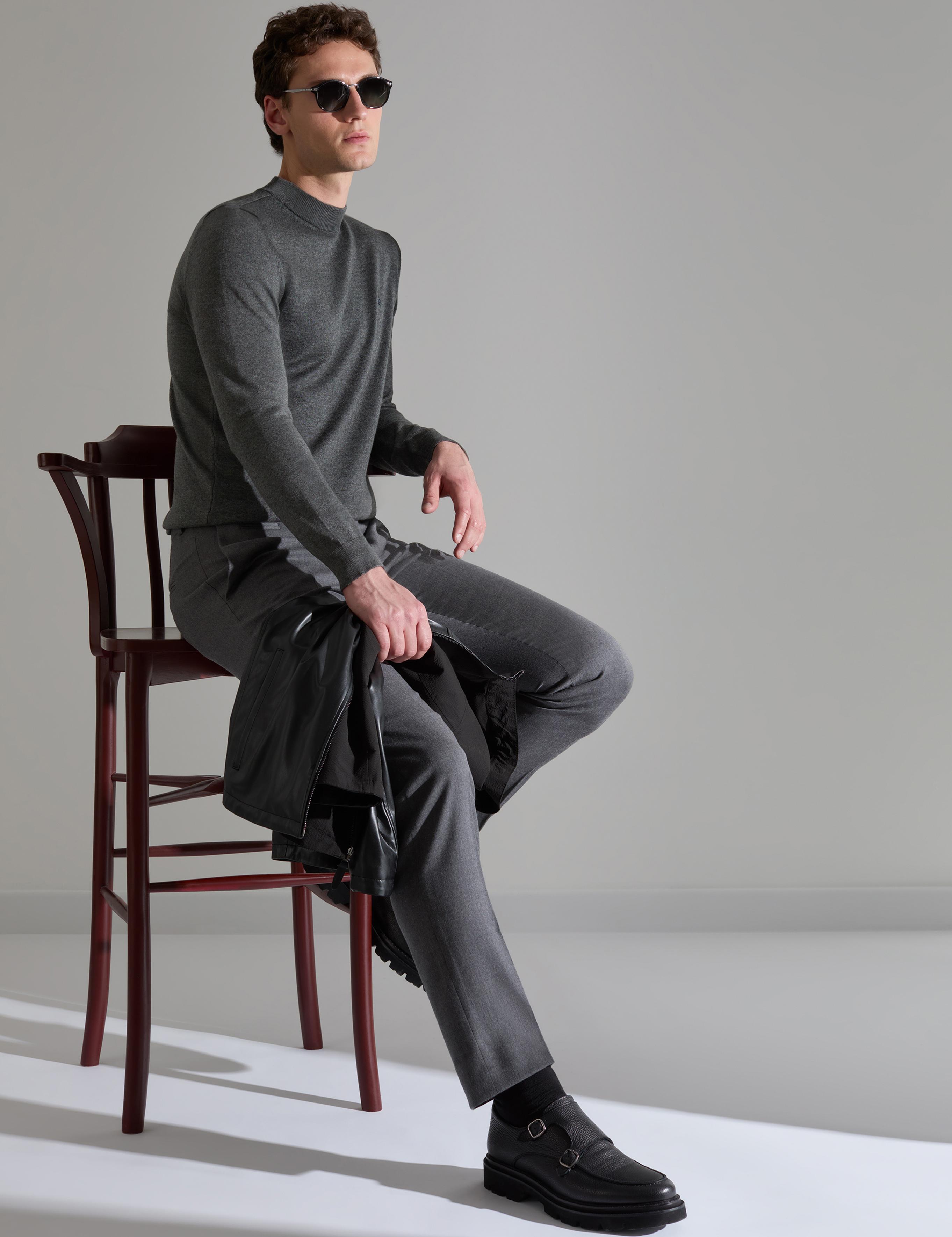 Antrasit Melanj  Slim Fit Çeyrek Yaka Basic Triko Kazak