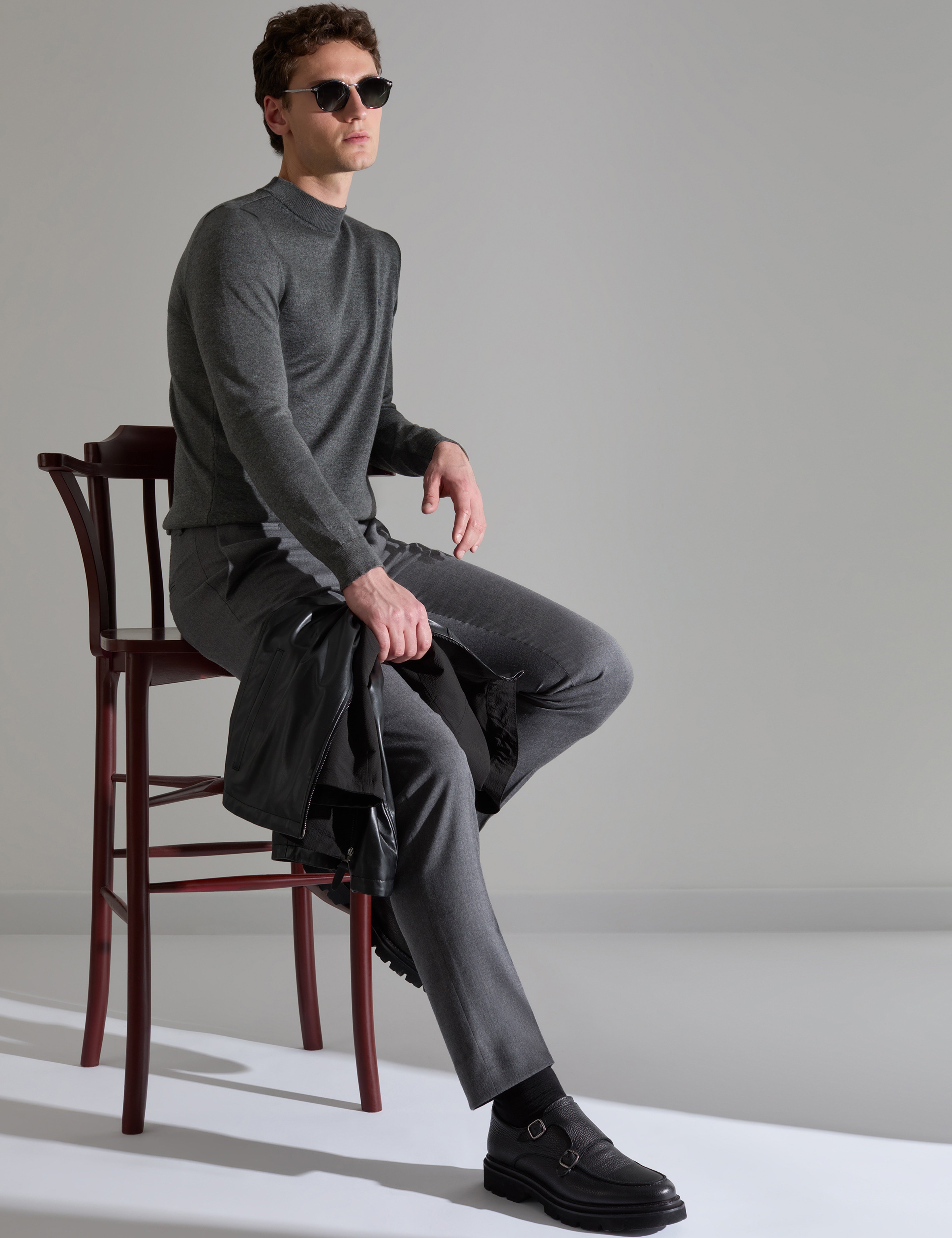 Antrasit Melanj Slim Fit Çeyrek Yaka Basic Triko Kazak - Image 1