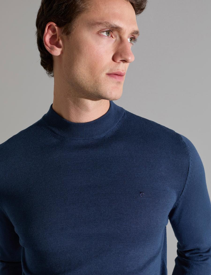 Açık Lacivert Slim Fit Çeyrek Yaka Basic Triko Kazak