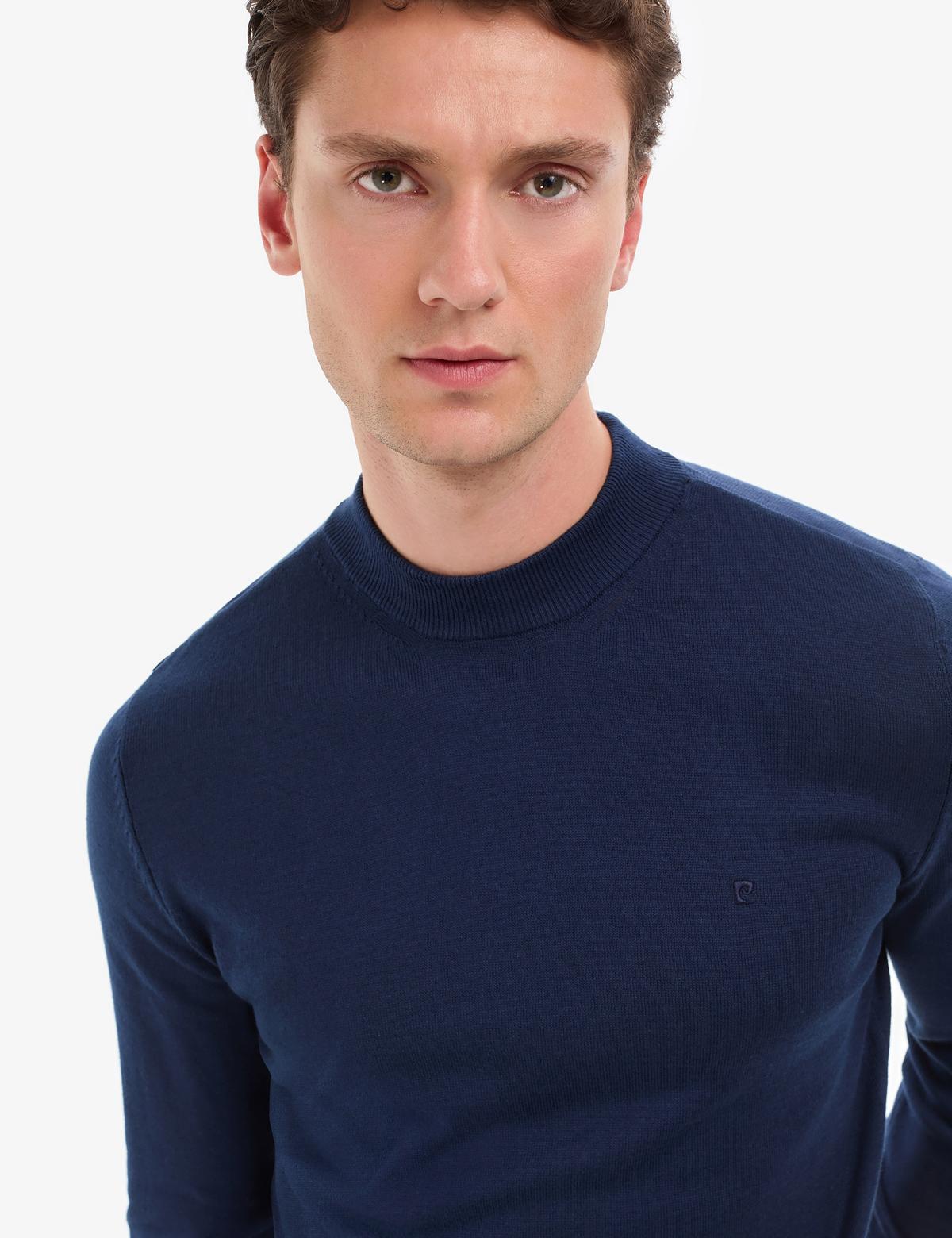 Açık Lacivert Slim Fit Çeyrek Yaka Basic Triko Kazak - 50314188038