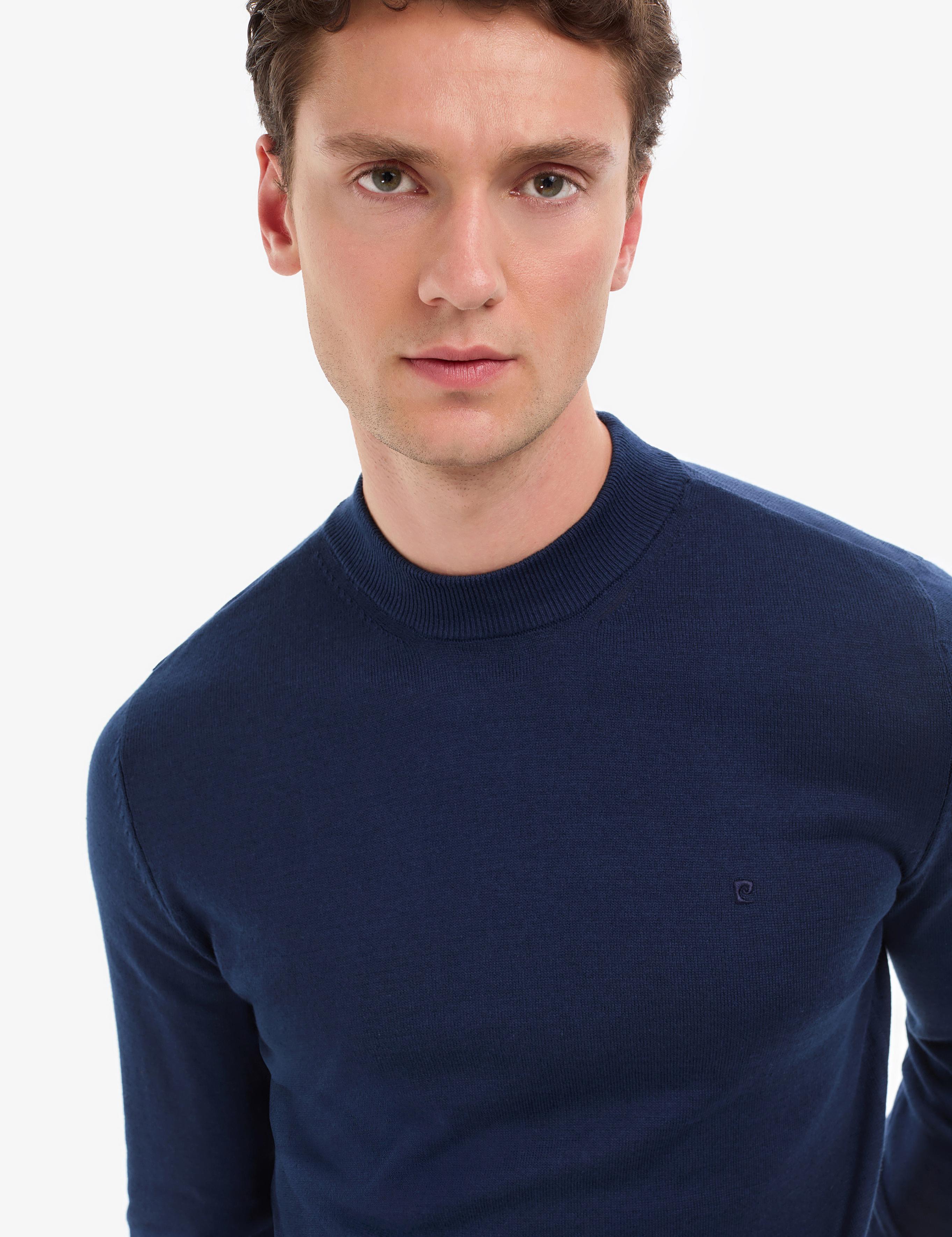 Açık Lacivert Slim Fit Çeyrek Yaka Basic Triko Kazak