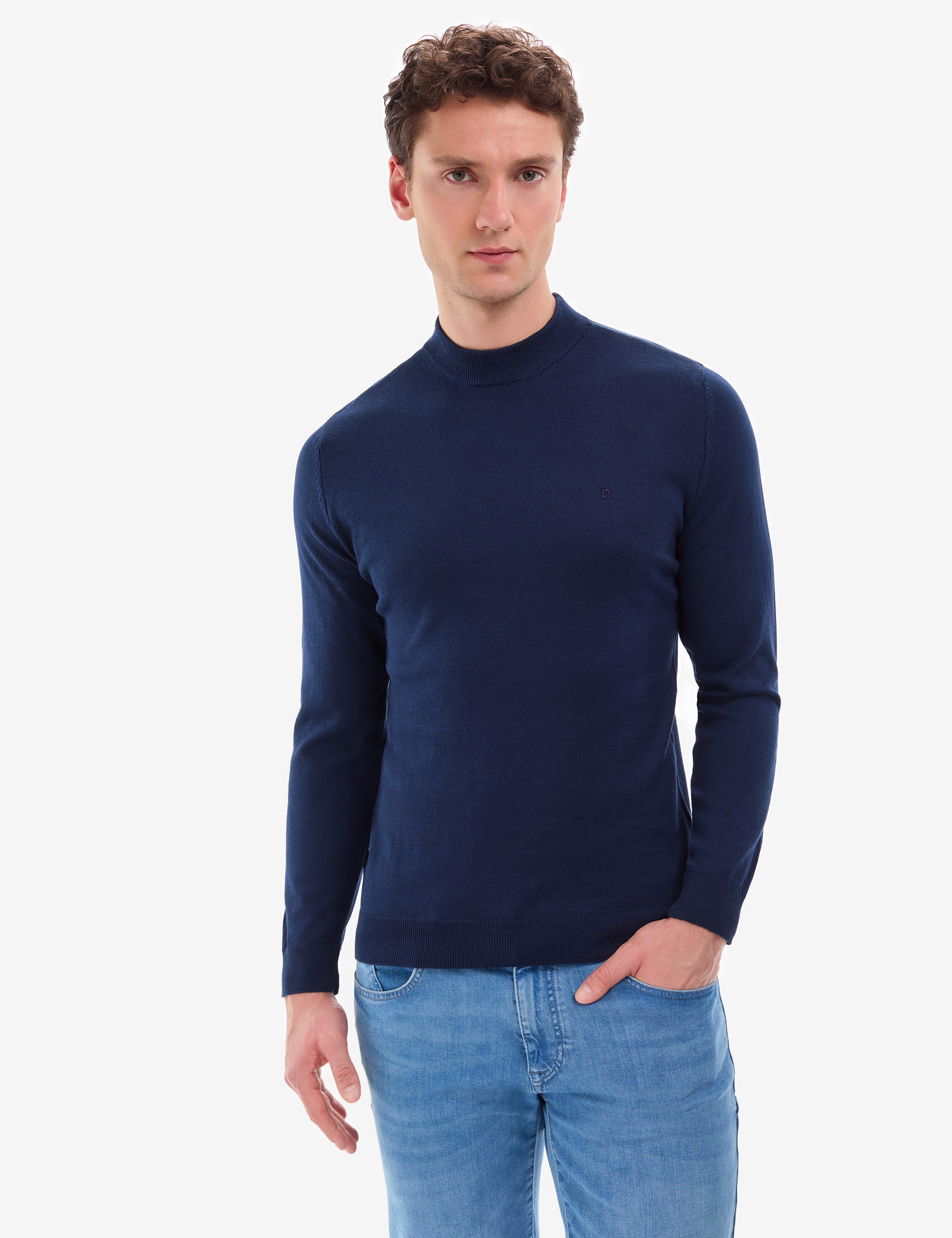 Açık Lacivert Slim Fit Çeyrek Yaka Basic Triko Kazak