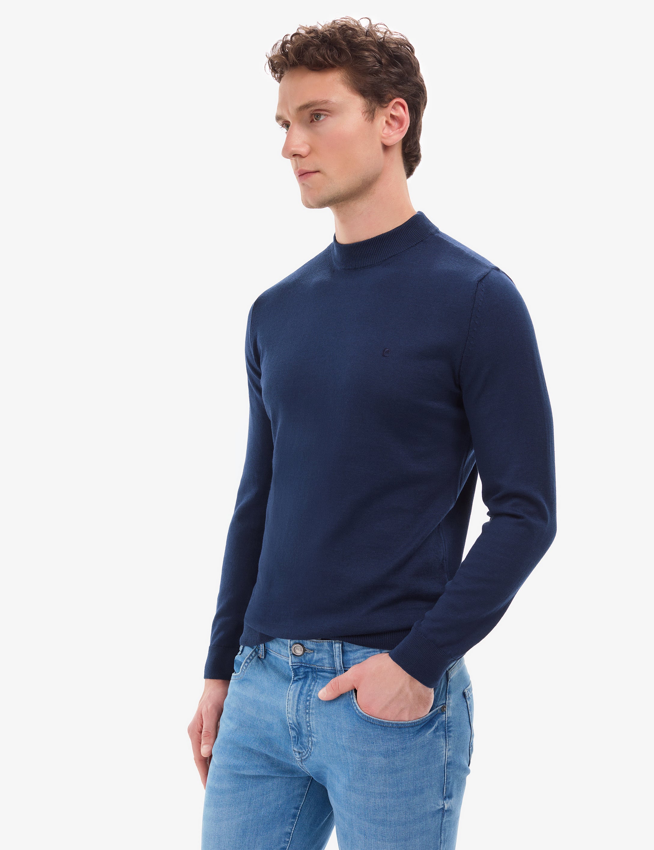 Açık Lacivert Slim Fit Çeyrek Yaka Basic Triko Kazak