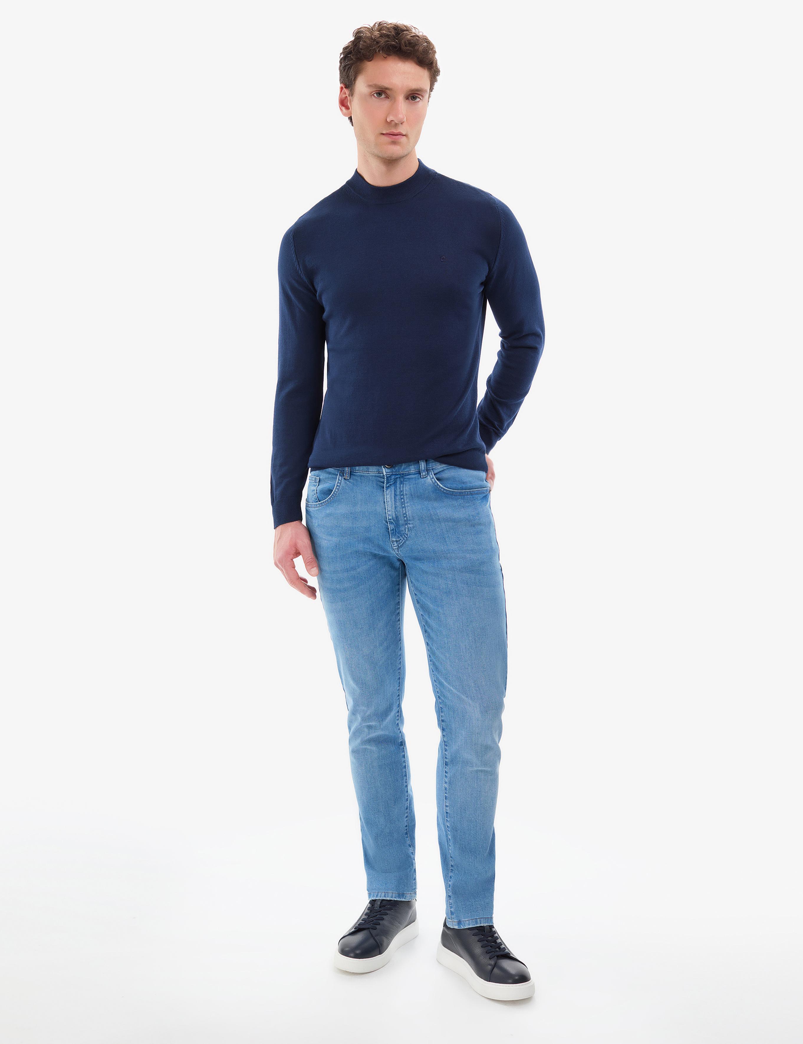 Açık Lacivert Slim Fit Çeyrek Yaka Basic Triko Kazak