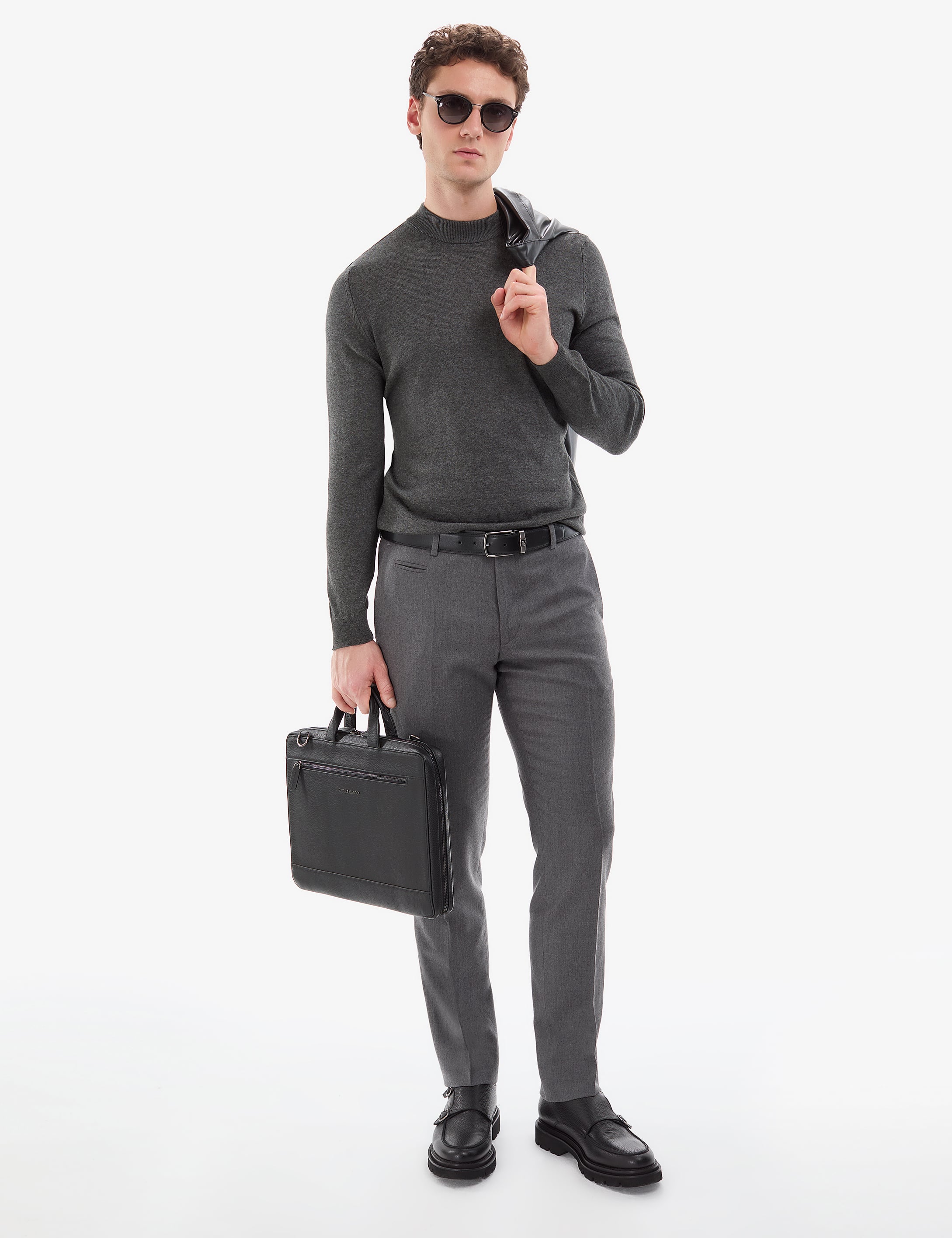 Antrasit Melanj  Slim Fit Çeyrek Yaka Basic Triko Kazak