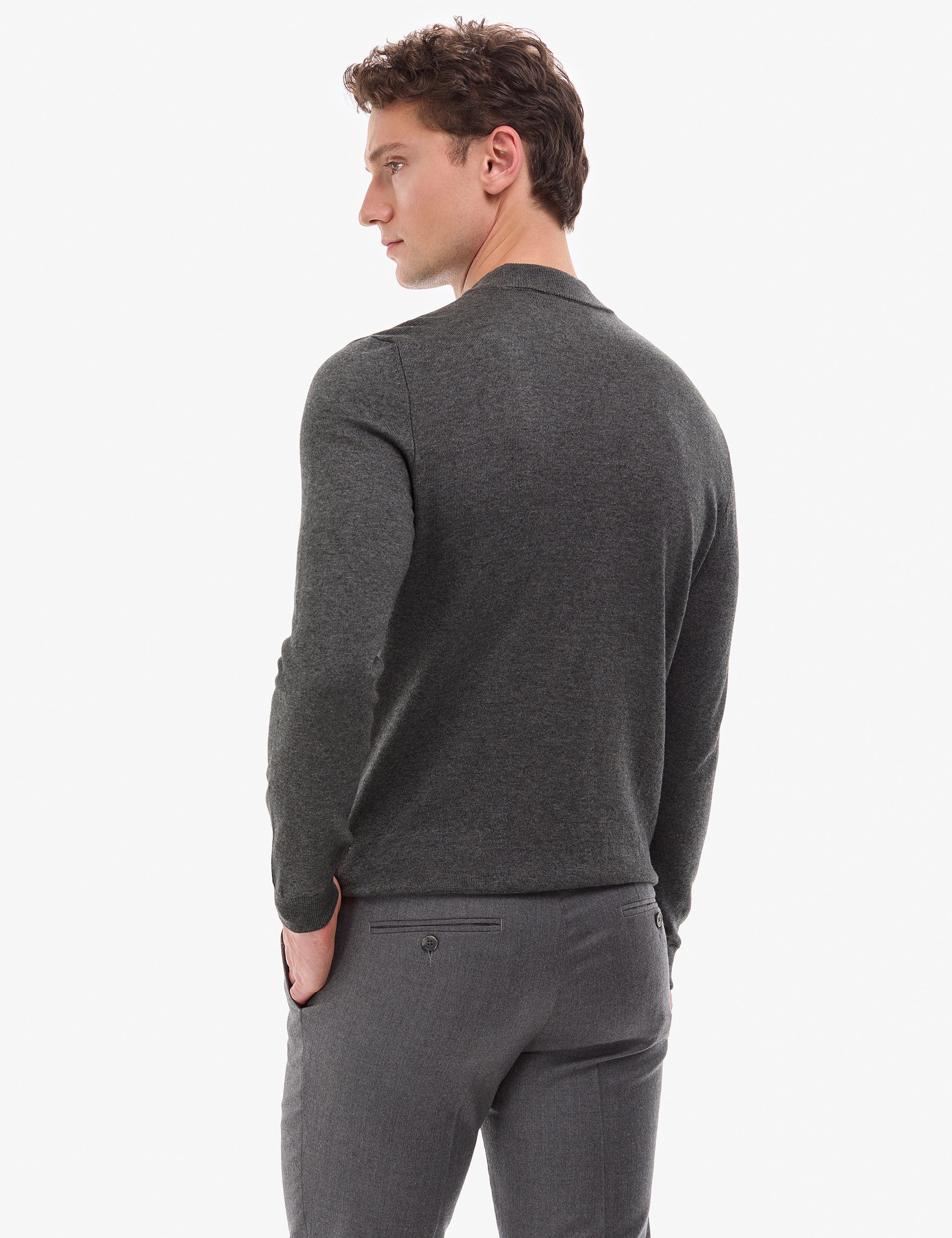 Antrasit Melanj Slim Fit Çeyrek Yaka Basic Triko Kazak - Image 6