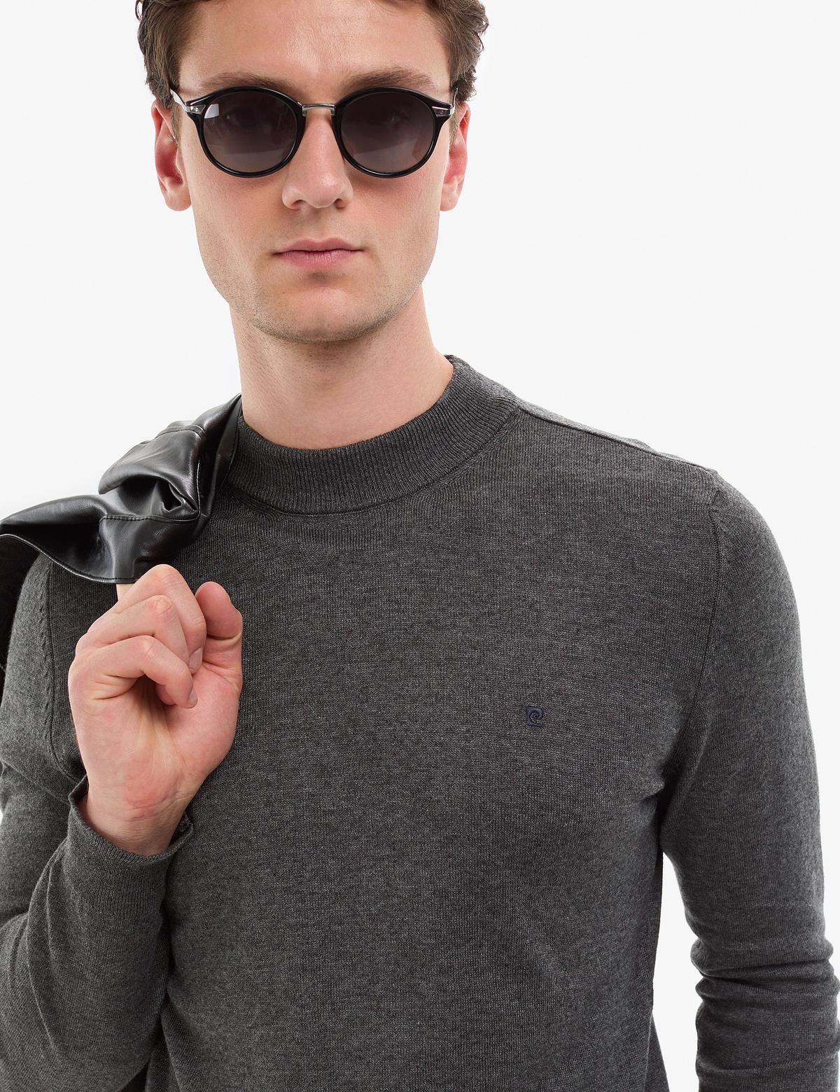 Antrasit Melanj  Slim Fit Çeyrek Yaka Basic Triko Kazak - 50314188006