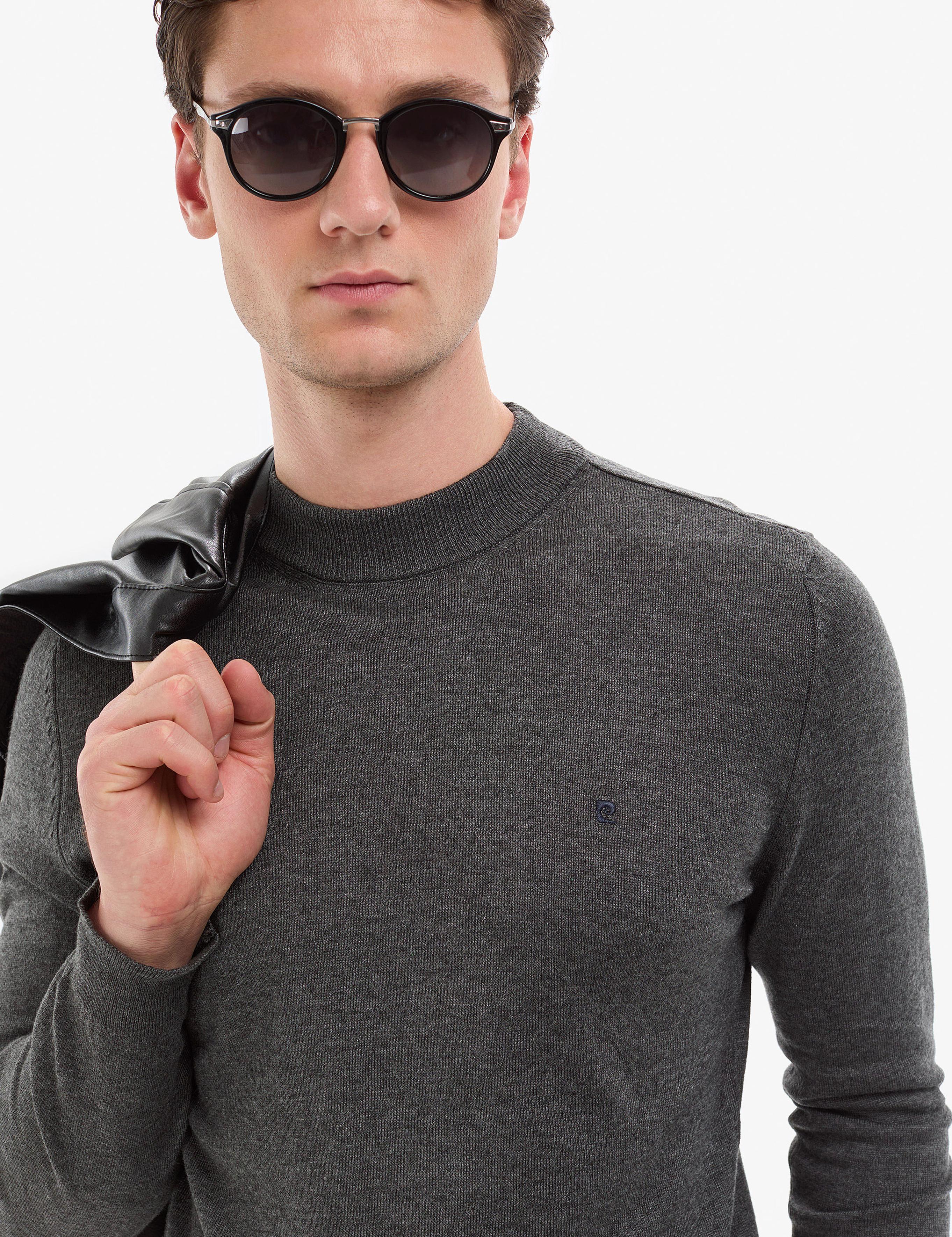 Antrasit Melanj  Slim Fit Çeyrek Yaka Basic Triko Kazak