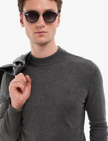 Antrasit Melanj  Slim Fit Çeyrek Yaka Basic Triko Kazak