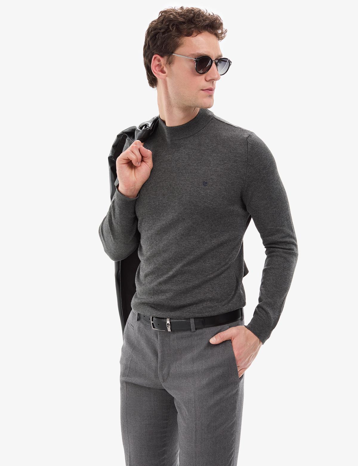 Antrasit Melanj  Slim Fit Çeyrek Yaka Basic Triko Kazak - 50314188006