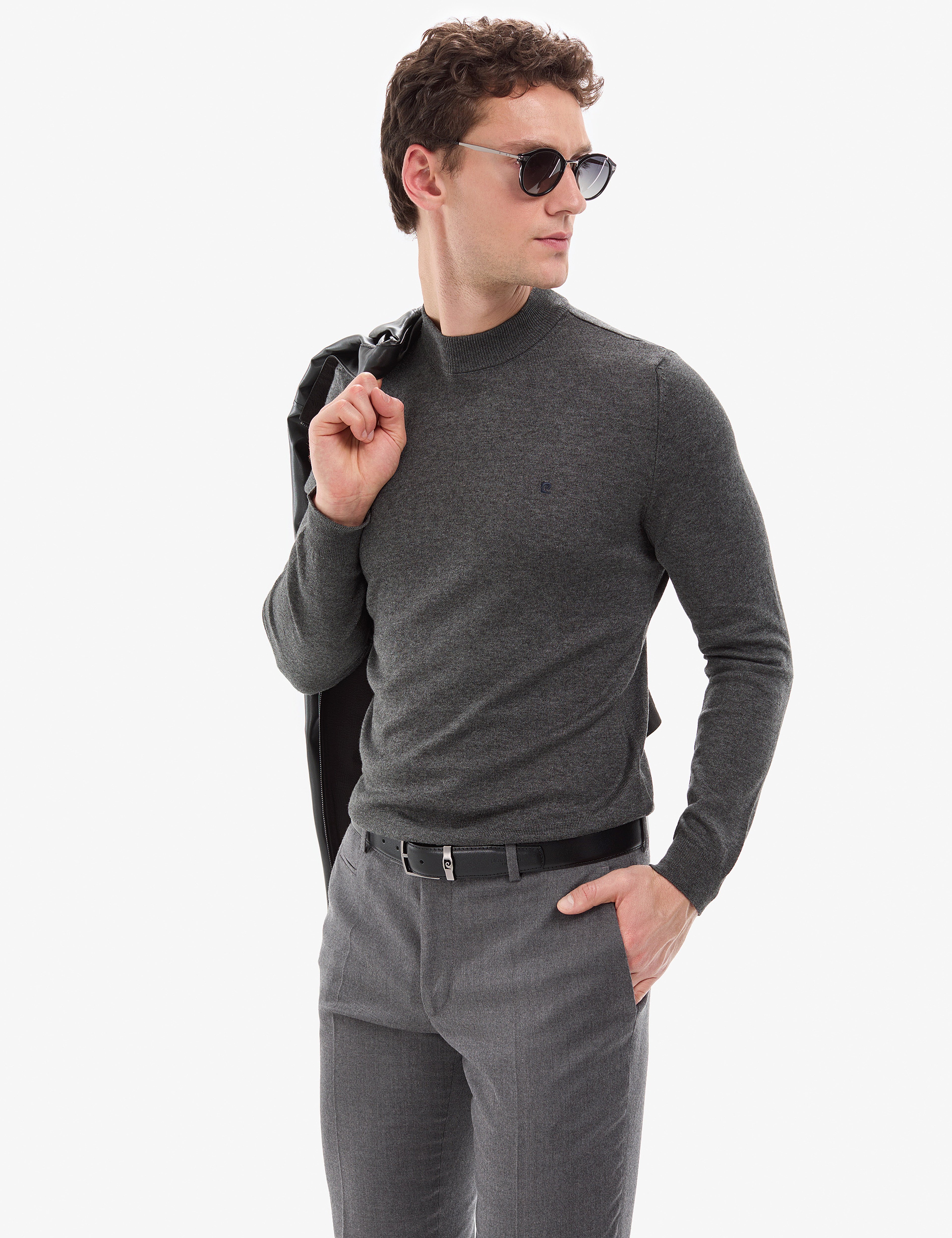 Antrasit Melanj Slim Fit Çeyrek Yaka Basic Triko Kazak - Image 4