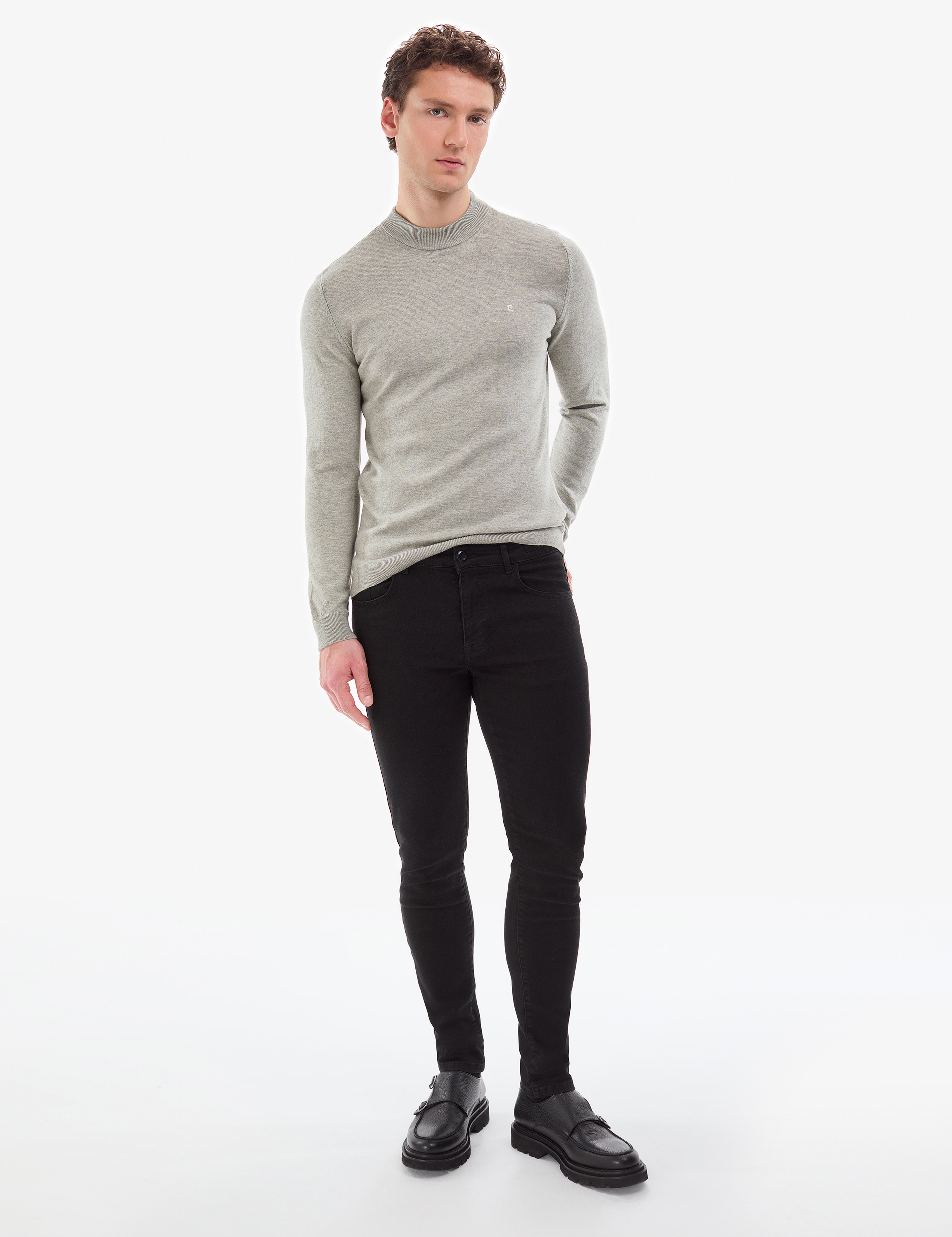 Açık Gri Melanj Slim Fit Çeyrek Yaka Basic Triko Kazak - Image 5