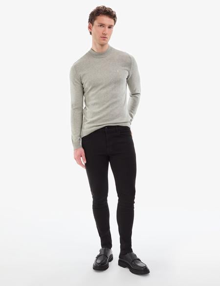 Açık Gri Melanj  Slim Fit Çeyrek Yaka Basic Triko Kazak - 50314188066