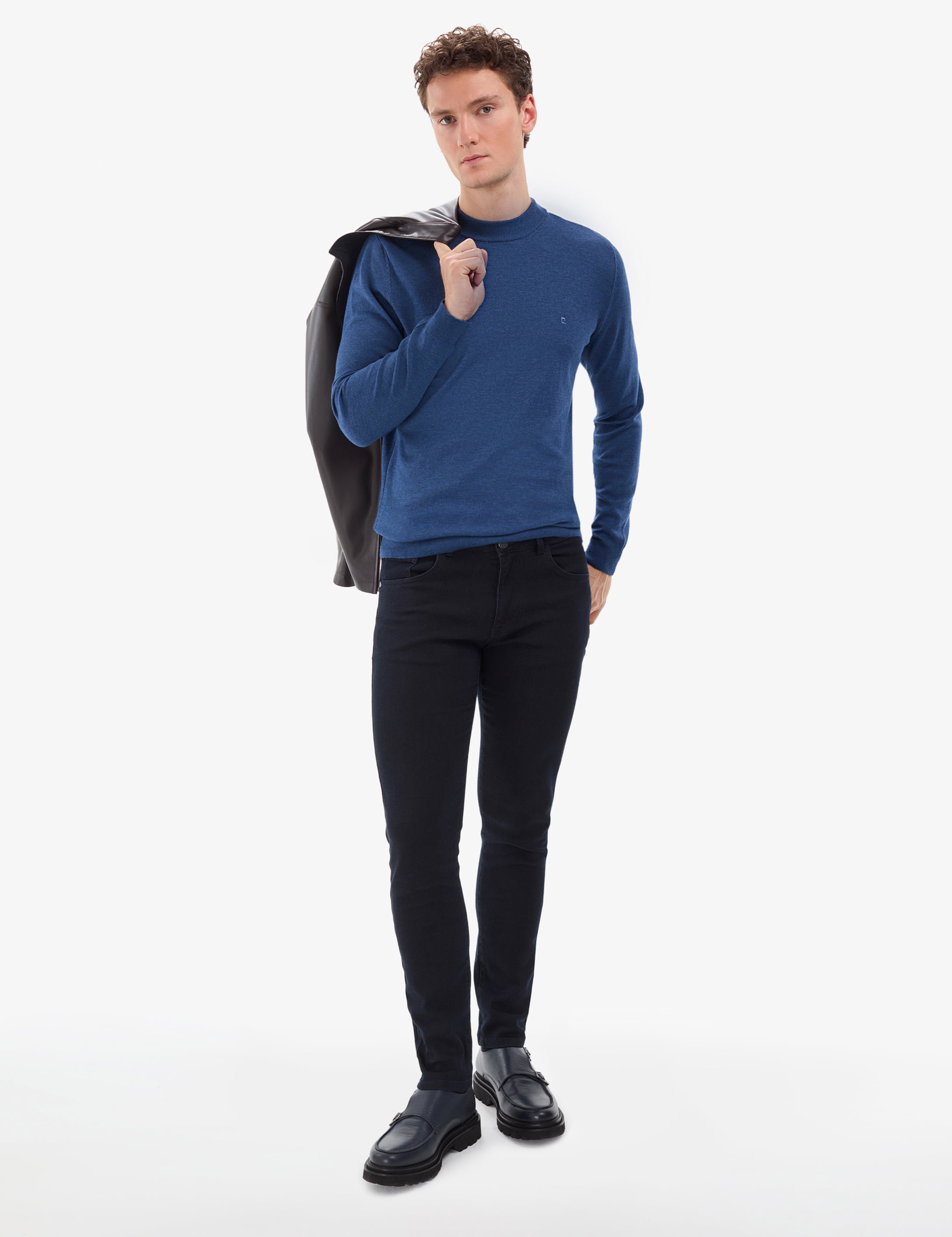 İndigo Melanj Slim Fit Çeyrek Yaka Basic Triko Kazak