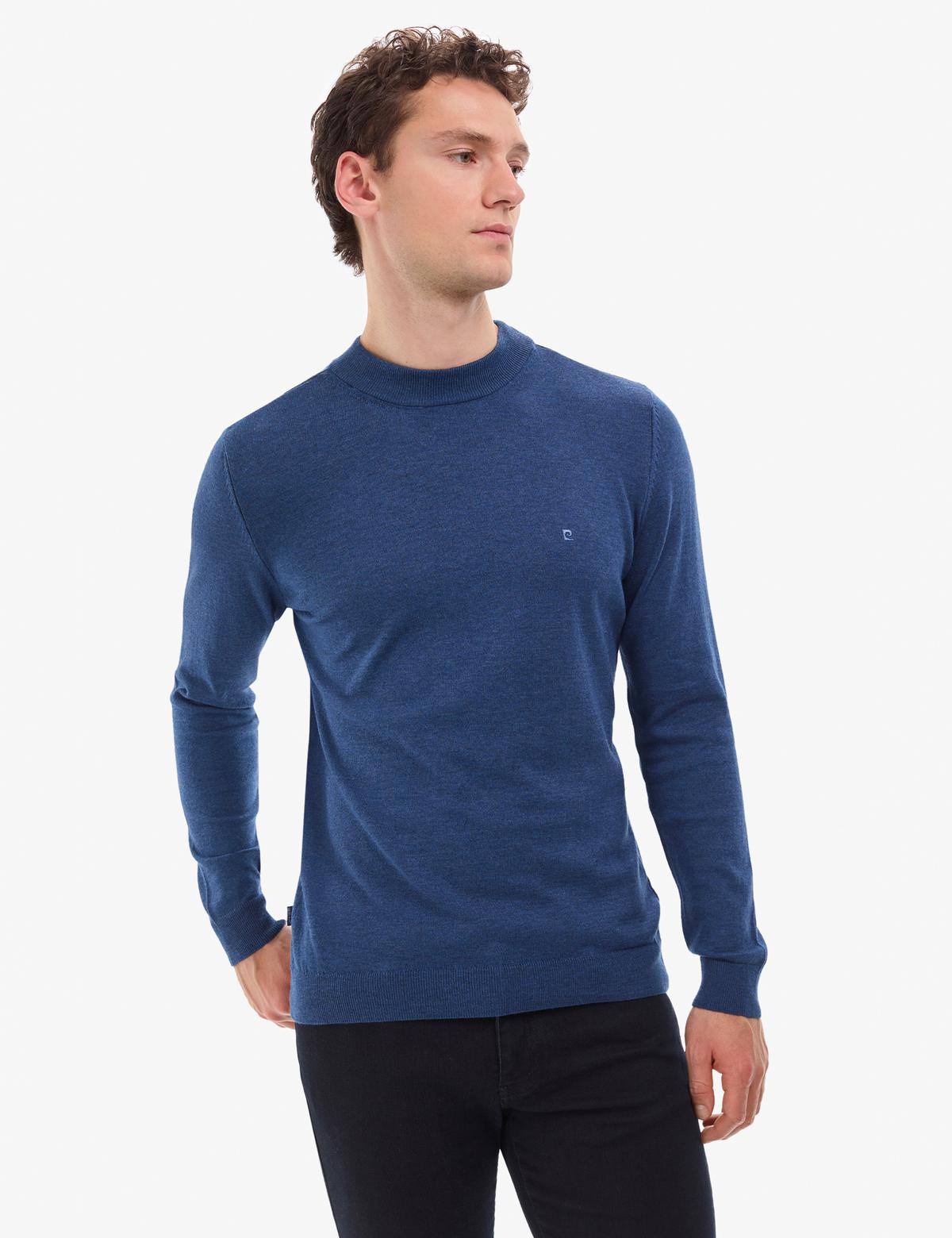 İndigo Melanj Slim Fit Çeyrek Yaka Basic Triko Kazak - 50314188075