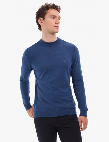 İndigo Melanj Slim Fit Çeyrek Yaka Basic Triko Kazak