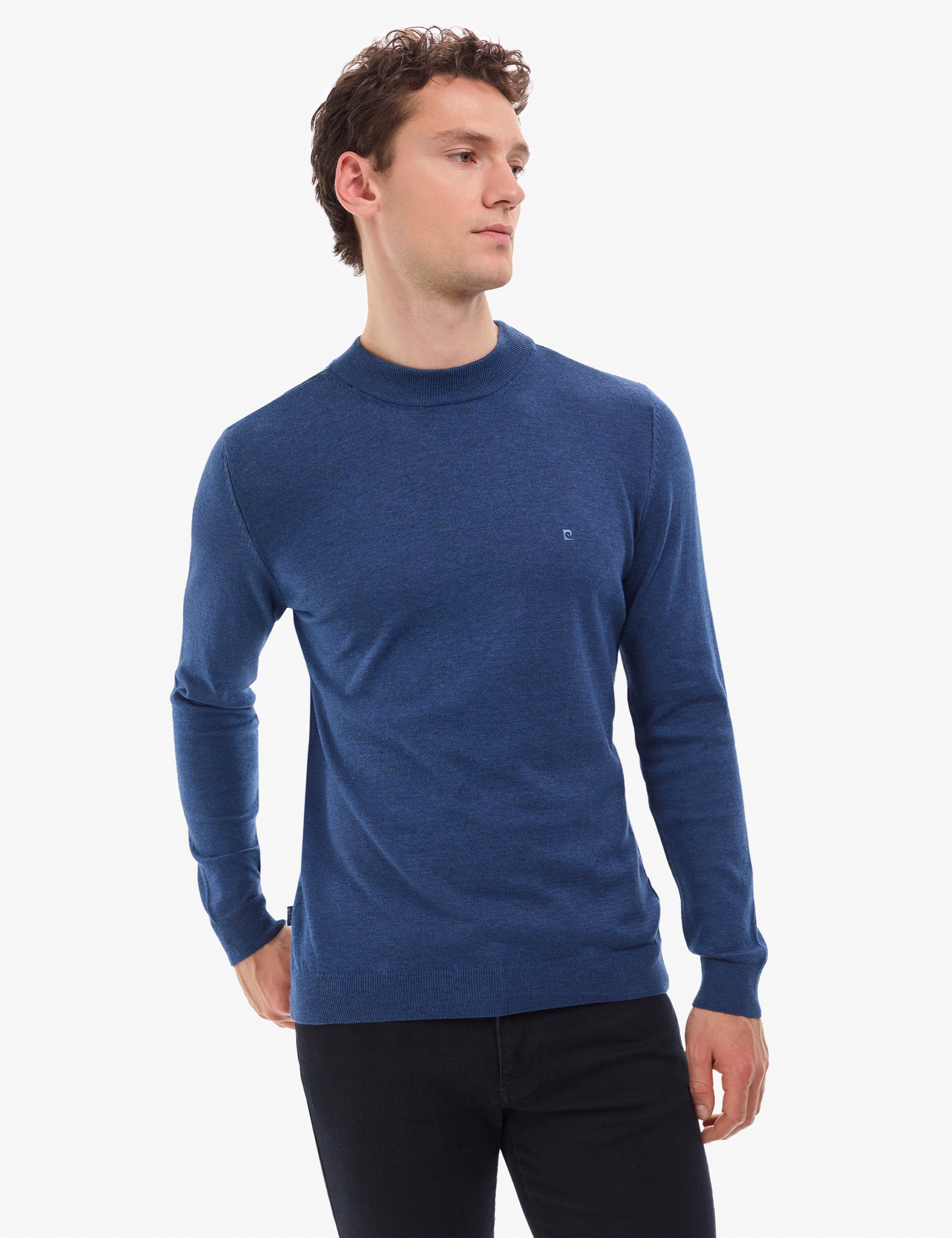 İndigo Melanj Slim Fit Çeyrek Yaka Basic Triko Kazak