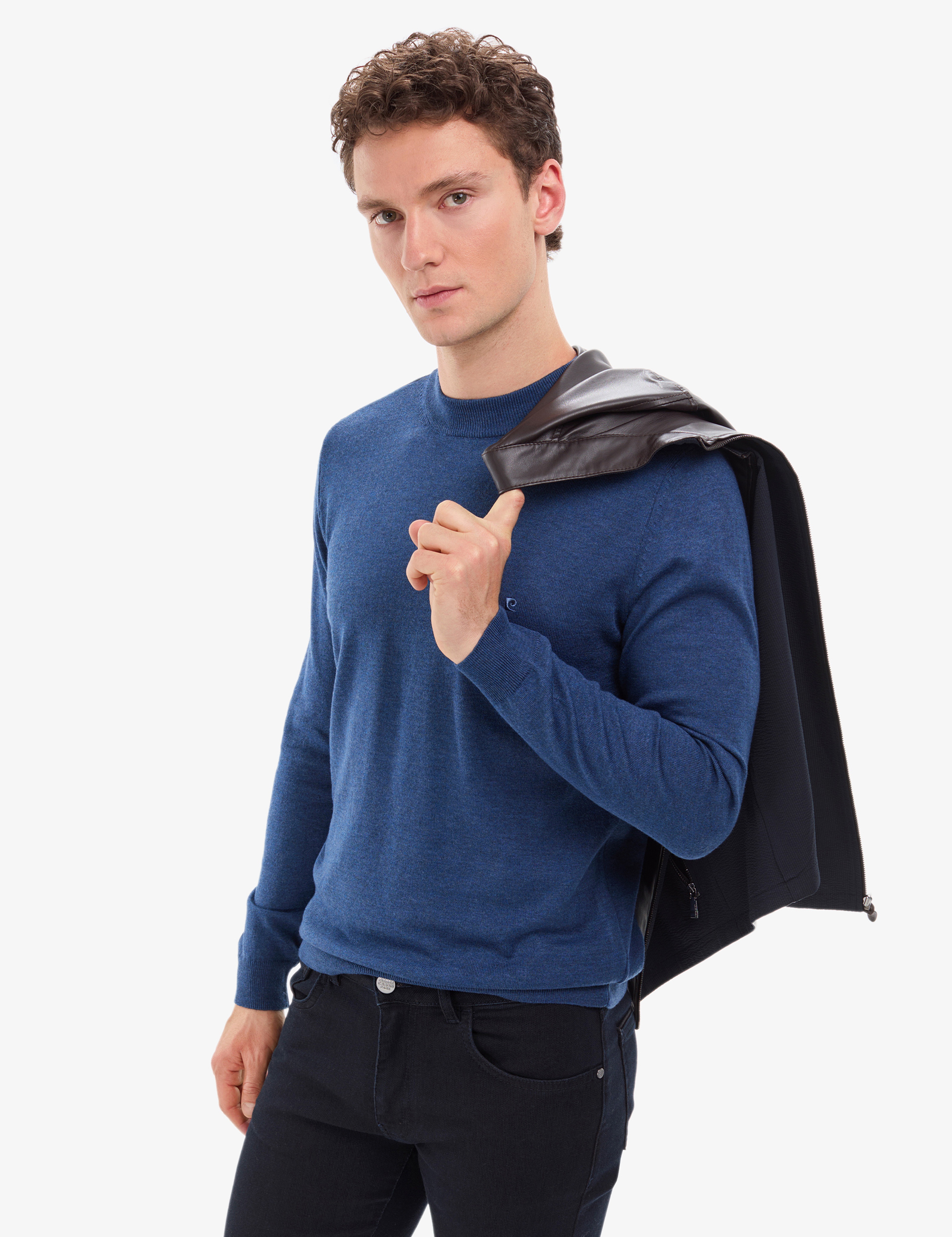 İndigo Melanj Slim Fit Çeyrek Yaka Basic Triko Kazak - Image 4