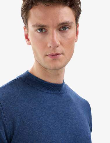 İndigo Melanj Slim Fit Çeyrek Yaka Basic Triko Kazak